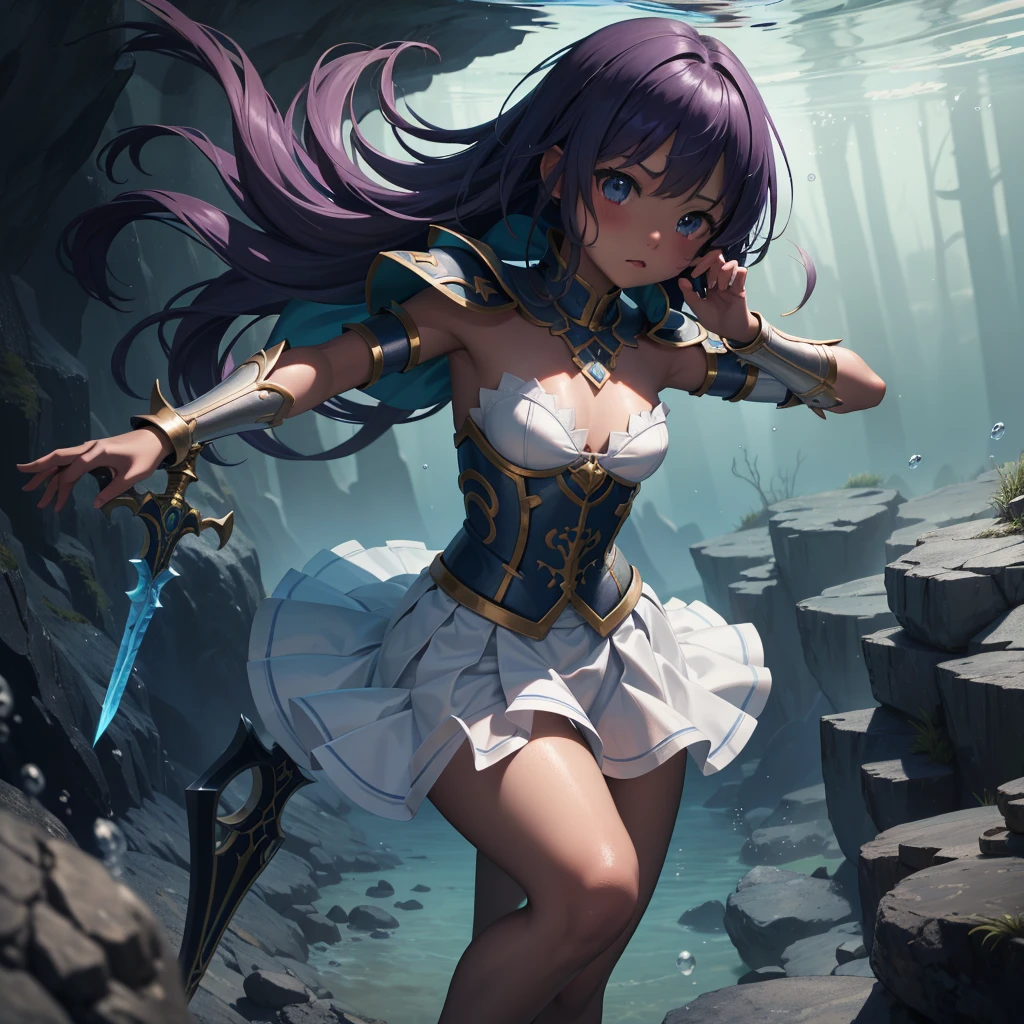 最high quality、high quality、Simple Cloth Armor、Chibi Girl Adventurer、Tiny breasts、Pitch-dark underground labyrinth、No light、skirt、Equipped with a dagger and a shield, Face above water、Body in water, Underwater photography、Skirt flipped up by buoyancy