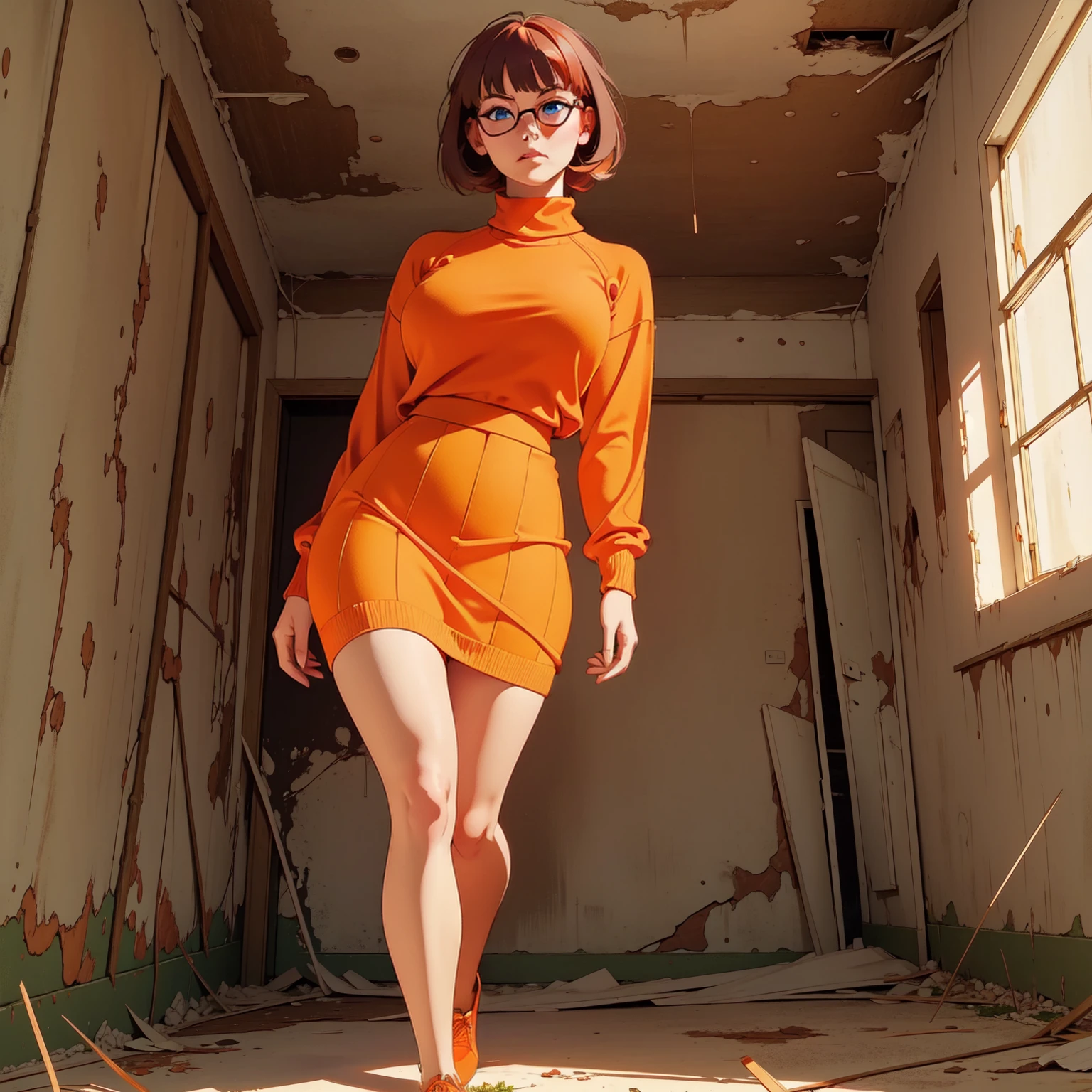 HD, 8k quality, masterpiece, Velma, dream girl huge, beautiful face, kissing lips, short bob hairstyle, long bangs, perfect makeup, realistic face, detailed eyes, diamond blue eyes, brunette hair, eyelashes, (scared:1.4), cameltoe, eyes at viewer, orange turtleneck knit sweater, clear lens glasses, orange school girl skirt, (full body view from below:1.3), blush, (in abandoned house:1.4), running from 