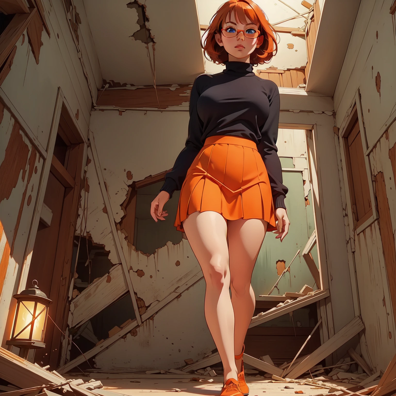 HD, 8k quality, masterpiece, Velma, dream girl huge, beautiful face, kissing lips, short bob hairstyle, long bangs, perfect makeup, realistic face, detailed eyes, diamond blue eyes, brunette hair, eyelashes, (scared:1.4), cameltoe, eyes at viewer, orange turtleneck knit sweater, clear lens glasses, orange school girl skirt, (full body view from below:1.3), blush, (in abandoned house:1.4), running from 