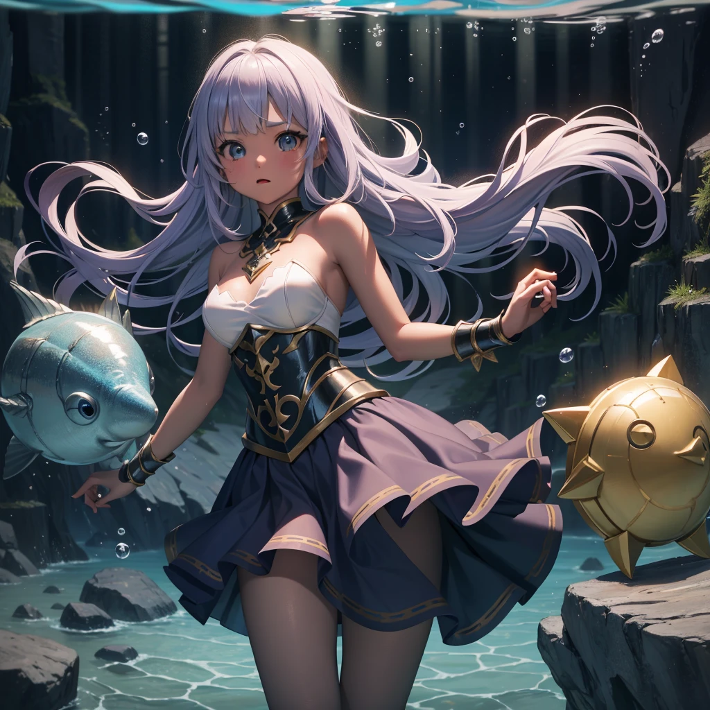 最high quality、high quality、Simple Cloth Armor、Chibi Girl Adventurer、Tiny breasts、Pitch-dark underground labyrinth、No light、skirt、Equipped with a dagger and a shield、Face above water、Body in water, Underwater photography、Skirt flipped up by buoyancy