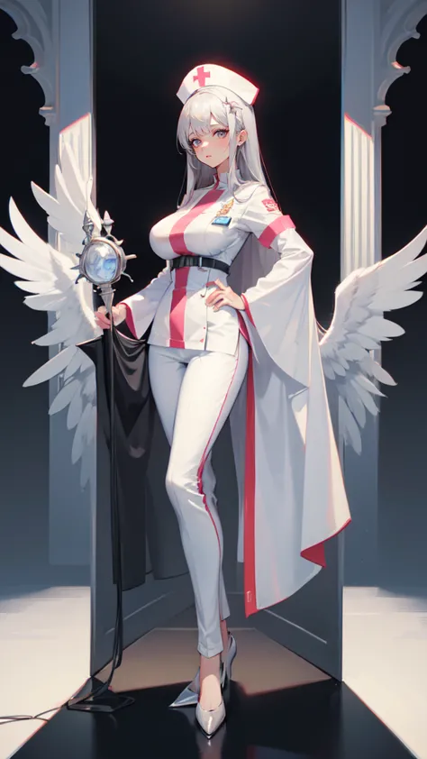 ((blank background)), masterpiece, best quality, silver hair, (massive breast:1), ((full body framing)), symmetry, nurse woman, ...