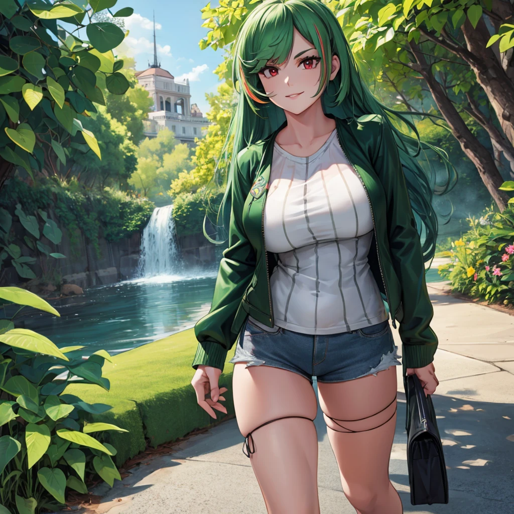 A woman wearing a long-sleeved green leather jacket, white shirt, black denim shorts, exposed thigh, casual sneakers, green hair, long hair, red bangs, multicolored hair, red eyes, walking on a concrete sidewalk in a park, waterfall background, smiling, big breasts, perfect face, very detailed eyes, ultra quality,(solo woman),.HDR, ultra resolution, well defined, masterpiece, 8K HD. (solo woman)
