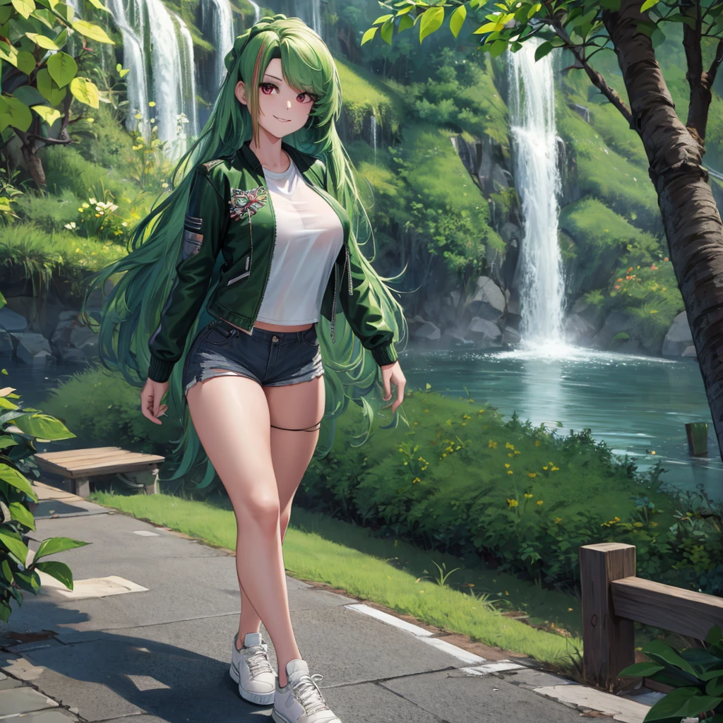 A woman wearing a long-sleeved green leather jacket, white shirt, black denim shorts, exposed thigh, casual sneakers, green hair, long hair, red bangs, multicolored hair, red eyes, walking on a concrete sidewalk in a park, waterfall background, smiling, big breasts, perfect face, very detailed eyes, ultra quality,(solo woman),.HDR, ultra resolution, well defined, masterpiece, 8K HD. (solo woman)
