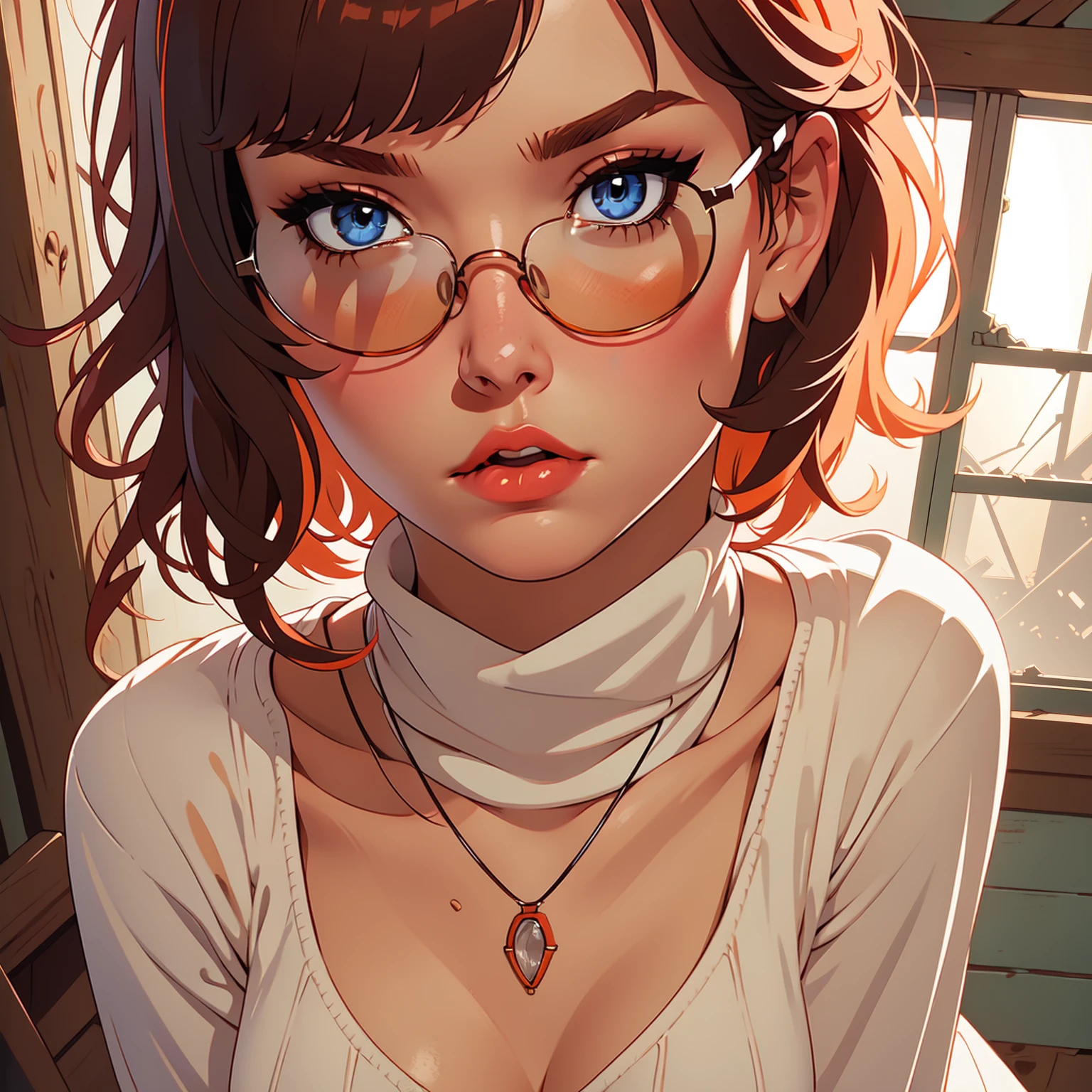 HD, 8k quality, masterpiece, Velma, dream girl huge, beautiful face, kissing lips, short bob hairstyle, long bangs, perfect makeup, realistic face, detailed eyes, diamond blue eyes, brunette hair, eyelashes, (scared:1.4), cameltoe, eyes at the viewer, orange turtleneck knit sweater, clear lens glasses, orange school girl skirt, (view from below), blush, (in abandoned house:1.4), running, cowboy shot.