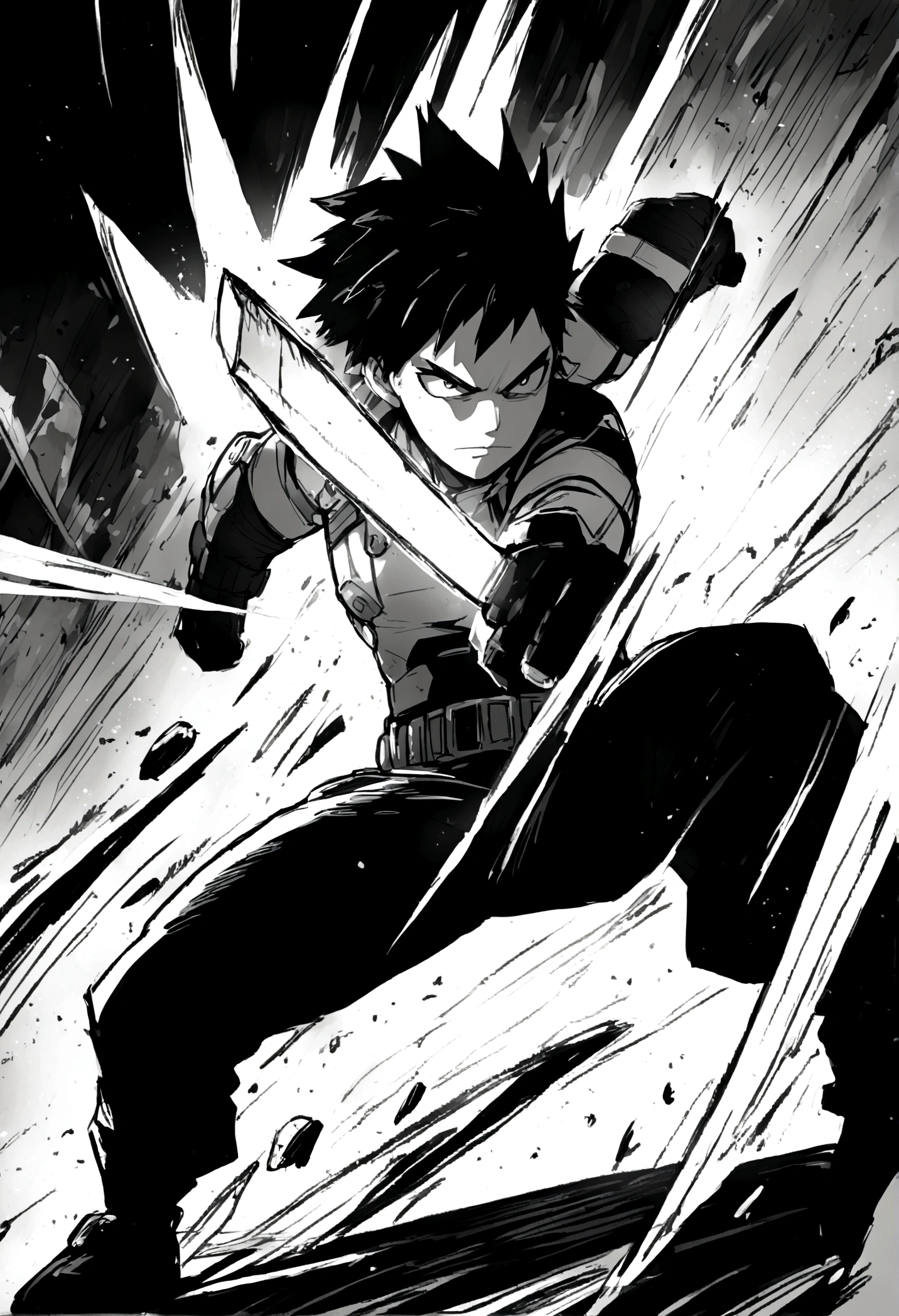 my hero academia character, male, in combat, action shot, high contrast 