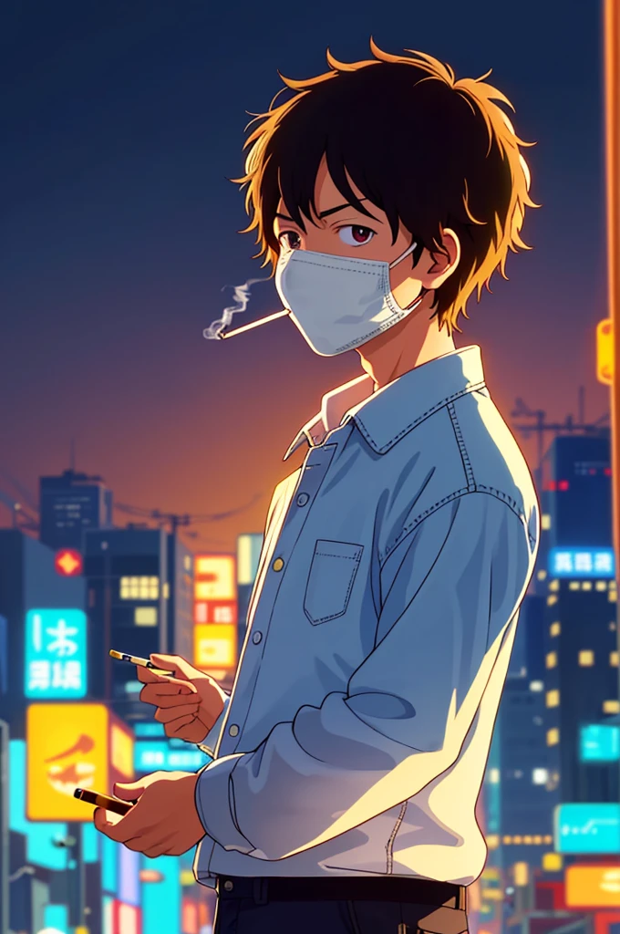 masterpiece, Highest quality, One boy,Smoking a cigarette、４ｋ、 City Pop, Akira, Kyoto Animation, night, Neon Light, View your viewers, Worried look, Vector illustration, Masked, 80&#39;s clothing, short hair, 80&#39;s, Synthwave, Abstract background with shapes, manga panel, 80&#39;s anime, Retroポスター、Retro