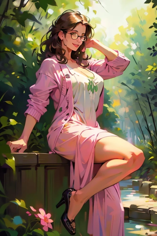 (illustration réaliste). jolie femme brune de race blanche de 22 ans aux yeux verts. Silhouette potelée sexy, Seins naturels, Un beau derrière. sourire. lunettes, cardigan, robe d&#39;été rose, talons hauts, chef-d&#39;œuvre, (très détaillé:1.2),(visage et yeux détaillés:1.2), Fond d&#39;écran 8k, éclairage d'ambiance. ombres centrales, contraste élevé, bokeh.