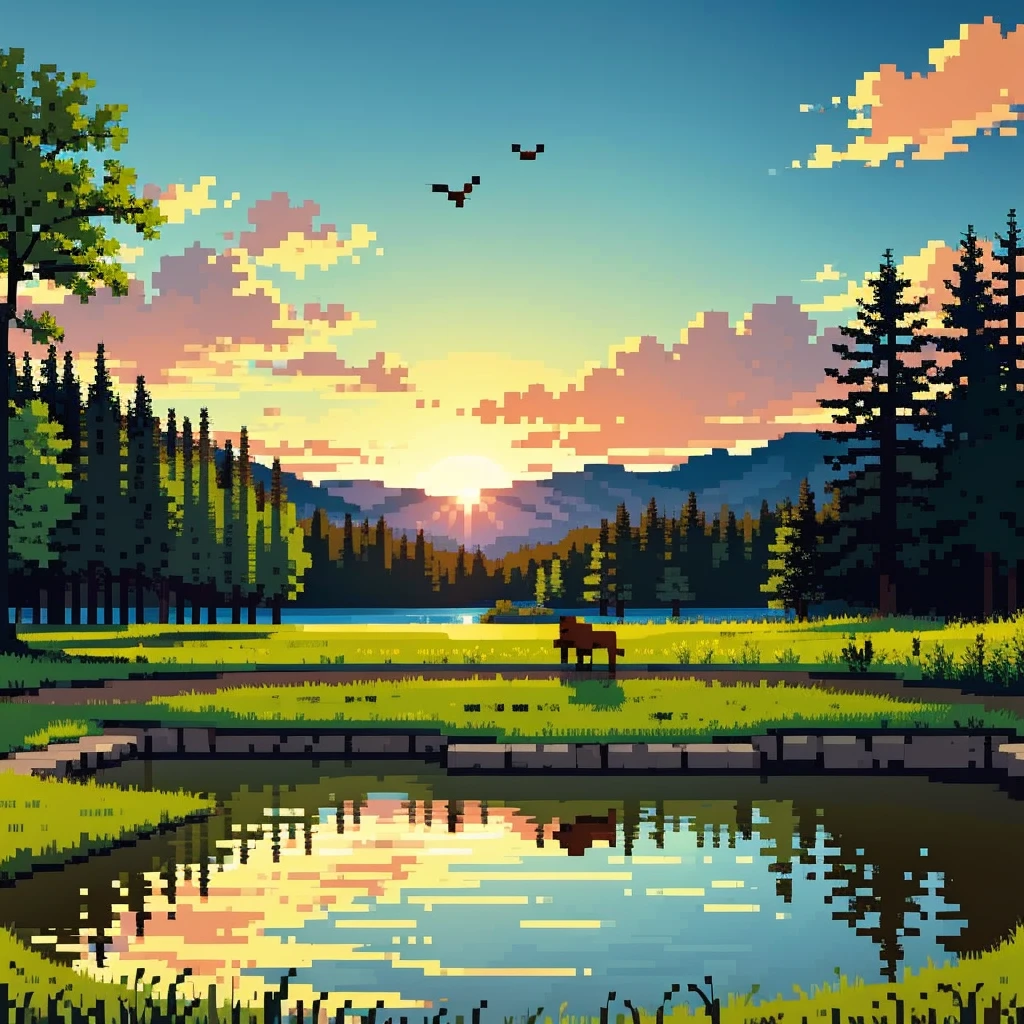 Un magnifique paysage au lever du soleil, ciel dramatique, soleil regardant à l&#39;horizon, lumière du soleil dorée, collines, prairie verdoyante, Grands arbres, Nuages duveteux, reflet serein du lac, oiseaux qui volent, palette de couleurs chaudes, couleurs vives, très détaillé, Photoréaliste, 8k, Meilleure qualité, chef-d&#39;œuvre