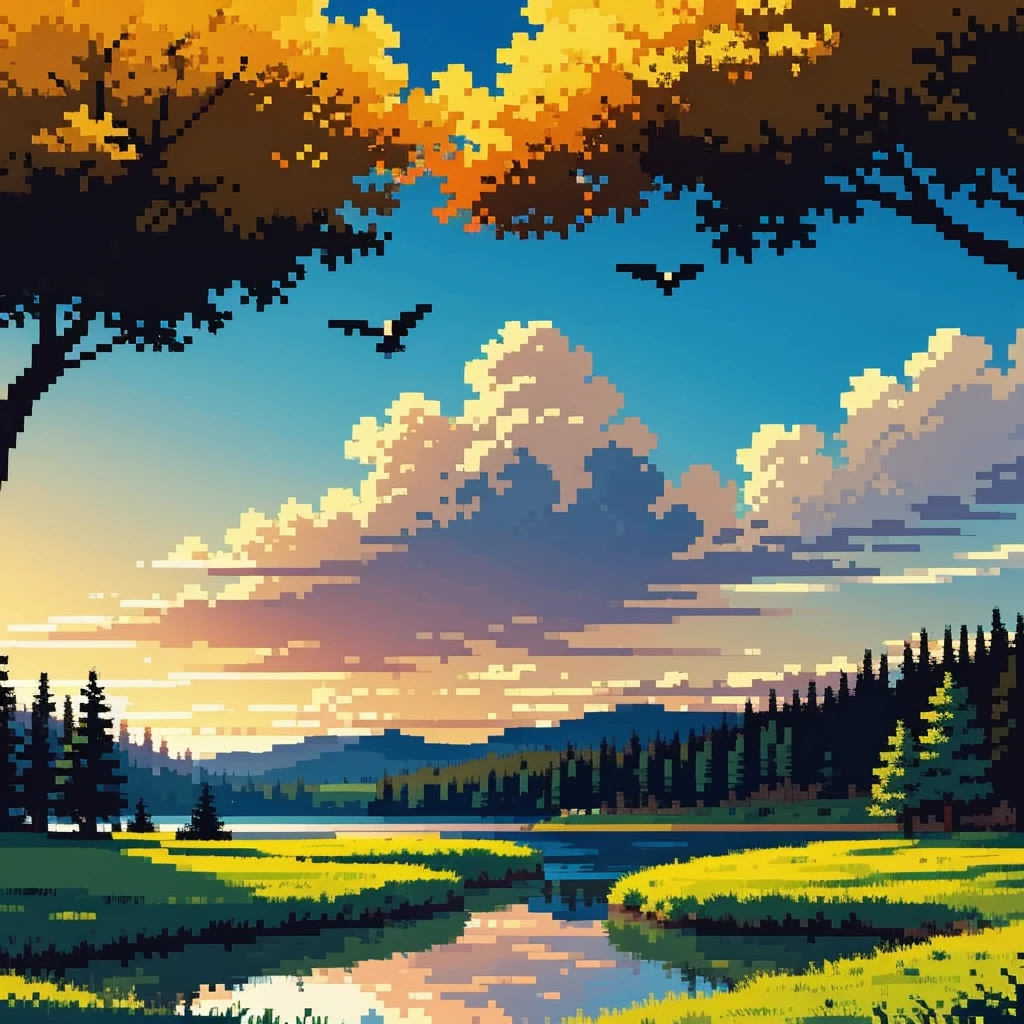 Un magnifique paysage au lever du soleil, ciel dramatique, soleil regardant à l&#39;horizon, lumière du soleil dorée, collines, prairie verdoyante, Grands arbres, Nuages duveteux, reflet serein du lac, oiseaux qui volent, palette de couleurs chaudes, couleurs vives, très détaillé, Photoréaliste, 8k, Meilleure qualité, chef-d&#39;œuvre