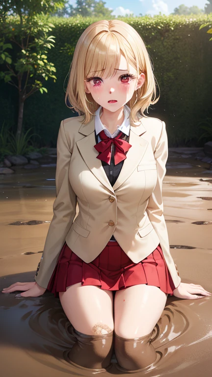 masterpiece, ultra-detailed, illustration, game cg, best quality, highres, kitagawa marin, 1girl, short fluffy blonde hair, swept bangs, gradient hair, red eyes, glossy lips, upset, crying, large breasts, red puffy miniskirt, white blazer, (sinking in mud), garden