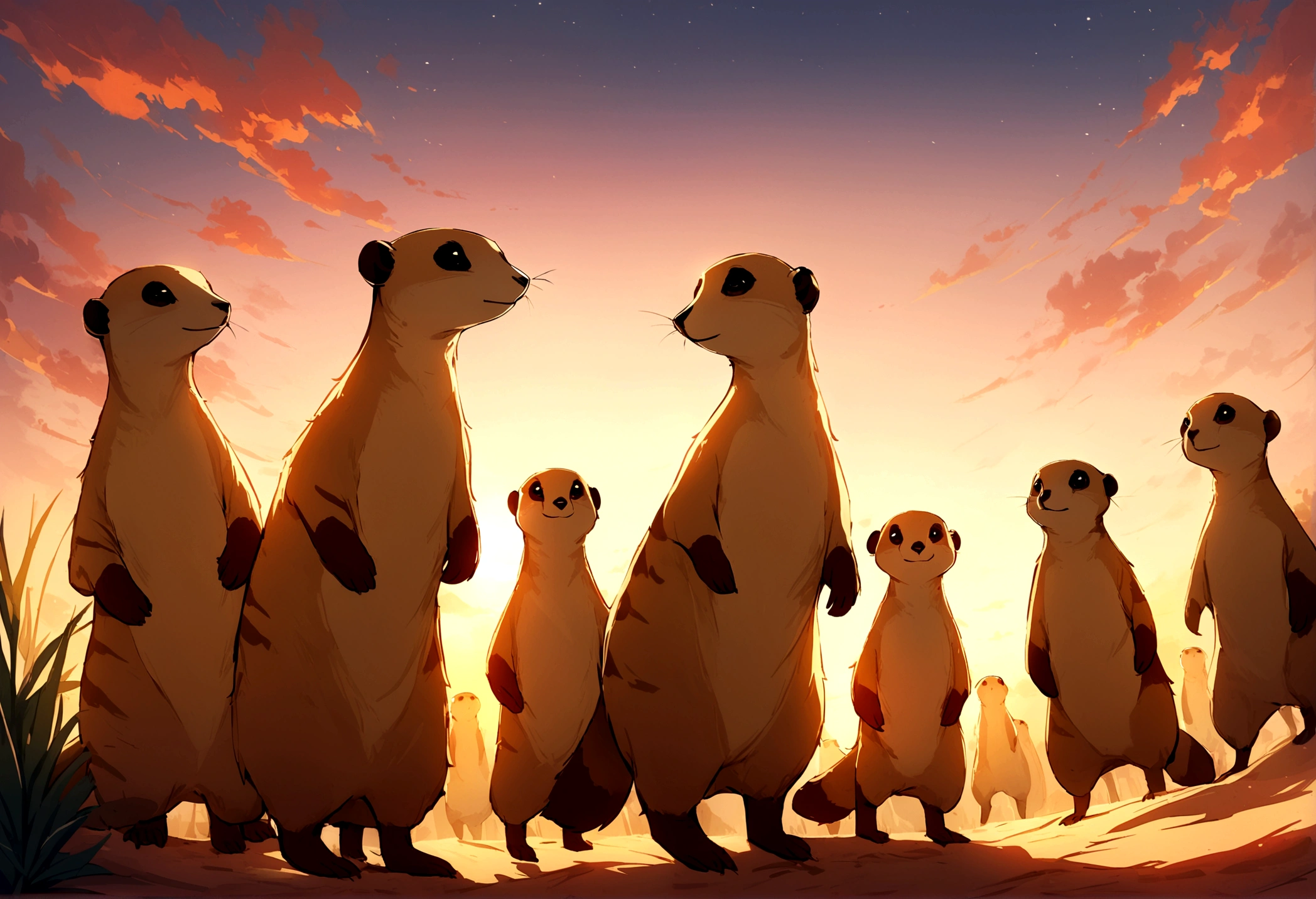 a family of meerkats emerging from their burrow at sunrise, idyllic prairie landscape, lovely sunrise, highly detailed, 8k, photorealistic, realistic lighting, warm color tones, golden hour lighting, intricate details, fluffy meerkats, curious expressions, natural environment, lush greenery, rolling hills, dramatic sky, sun peeking over horizon, depth of field, cinematic composition