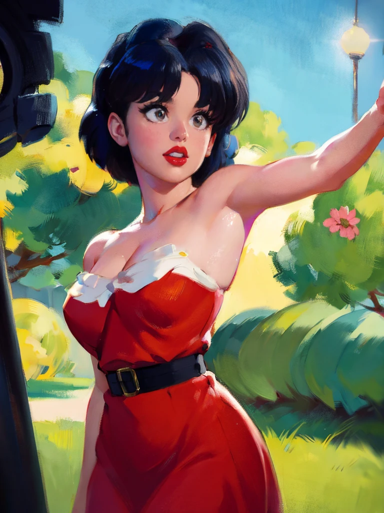 1girl, detailed facial features, beautiful intricate eyes, alluring red lips, long eyelashes, delicate skin, dynamic pose, elegant vintage dress, retro pin-up style, cinematic lighting, warm color palette, (best quality,4k,8k,highres,masterpiece:1.2),ultra-detailed,(realistic,photorealistic,photo-realistic:1.37),cinematic,dramatic,film noir, akane_tendo-ranma, 