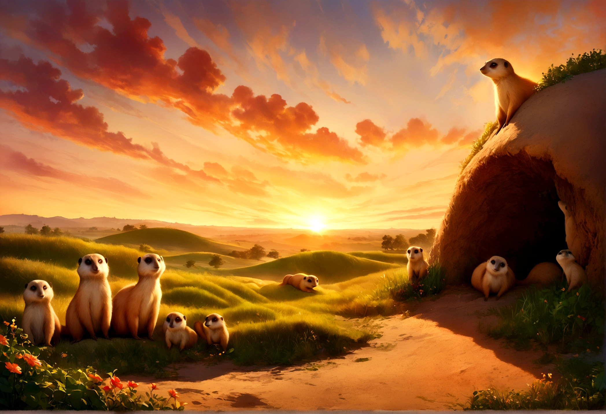 a family of meerkats emerging from their burrow at sunrise, idyllic prairie landscape, lovely sunrise, highly detailed, 8k, photorealistic, realistic lighting, warm color tones, golden hour lighting, intricate details, fluffy meerkats, curious expressions, natural environment, lush greenery, rolling hills, dramatic sky, sun peeking over horizon, depth of field, cinematic composition