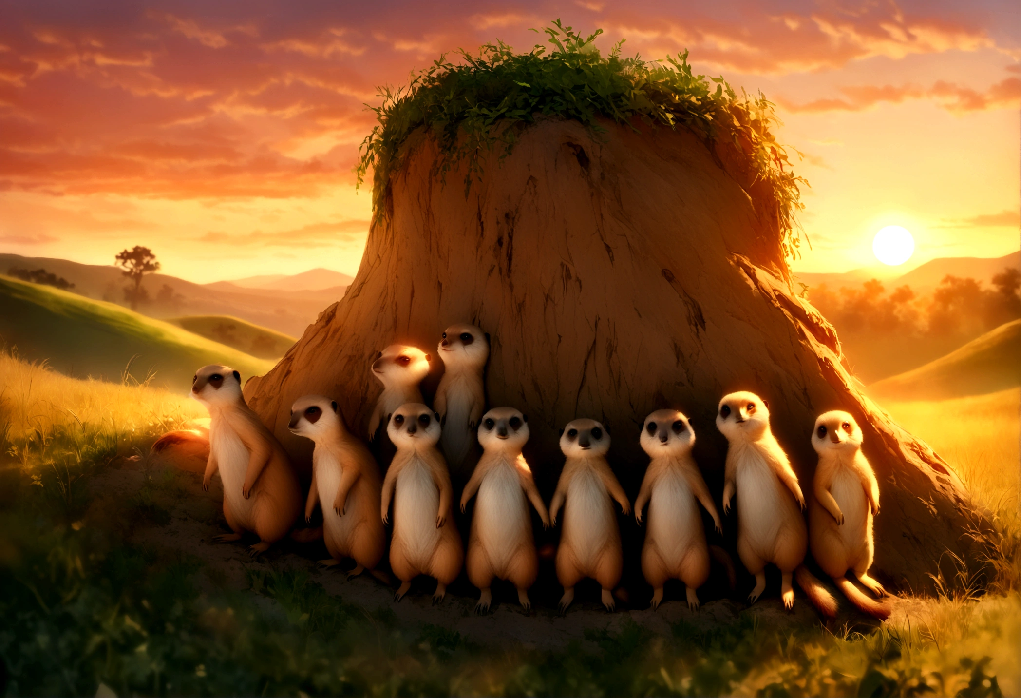 a family of meerkats emerging from their burrow at sunrise, idyllic prairie landscape, lovely sunrise, highly detailed, 8k, photorealistic, realistic lighting, warm color tones, golden hour lighting, intricate details, fluffy meerkats, curious expressions, natural environment, lush greenery, rolling hills, dramatic sky, sun peeking over horizon, depth of field, cinematic composition