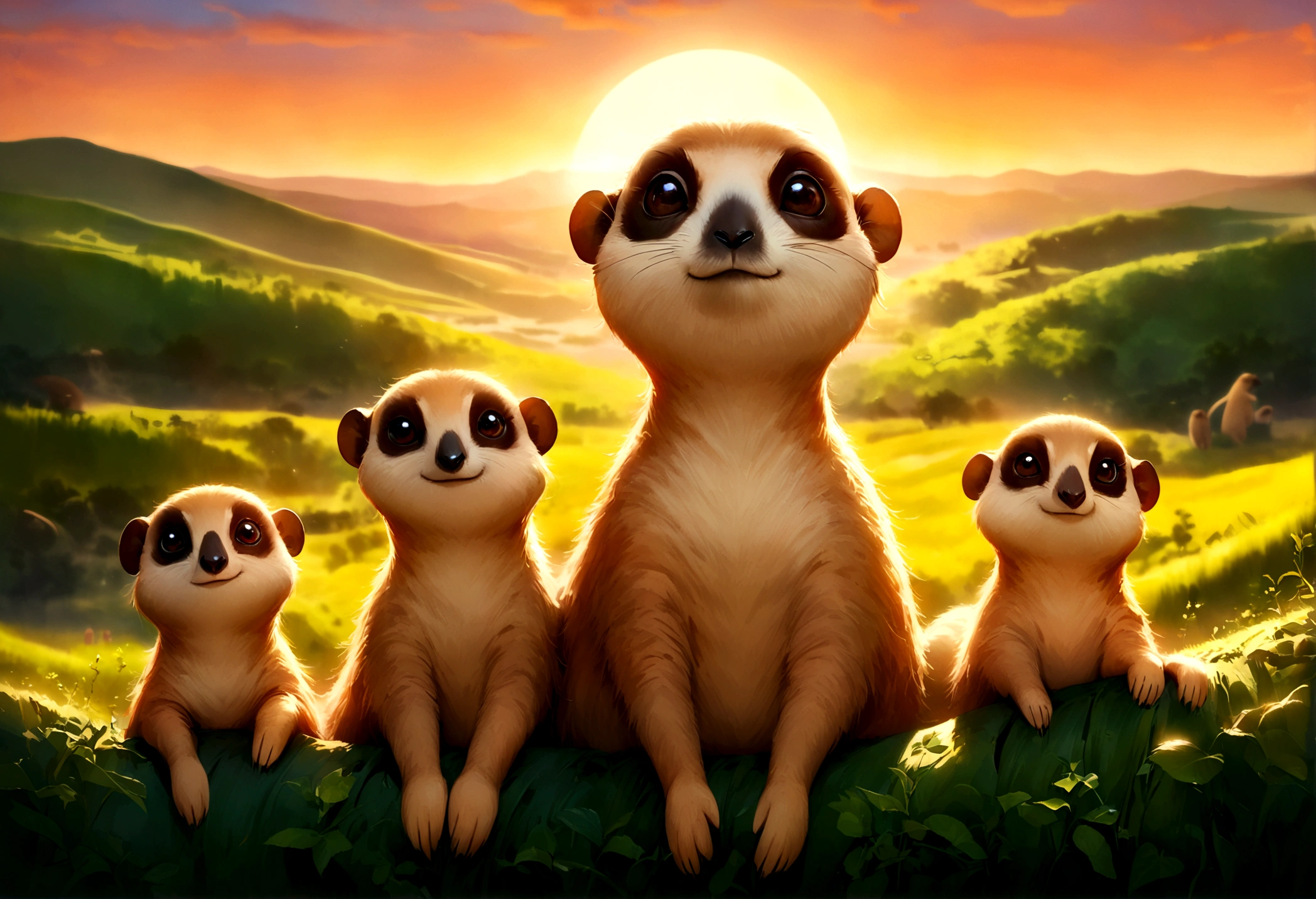 a family of meerkats emerging from their burrow at sunrise, idyllic prairie landscape, lovely sunrise, highly detailed, 8k, photorealistic, realistic lighting, warm color tones, golden hour lighting, intricate details, fluffy meerkats, curious expressions, natural environment, lush greenery, rolling hills, dramatic sky, sun peeking over horizon, depth of field, cinematic composition