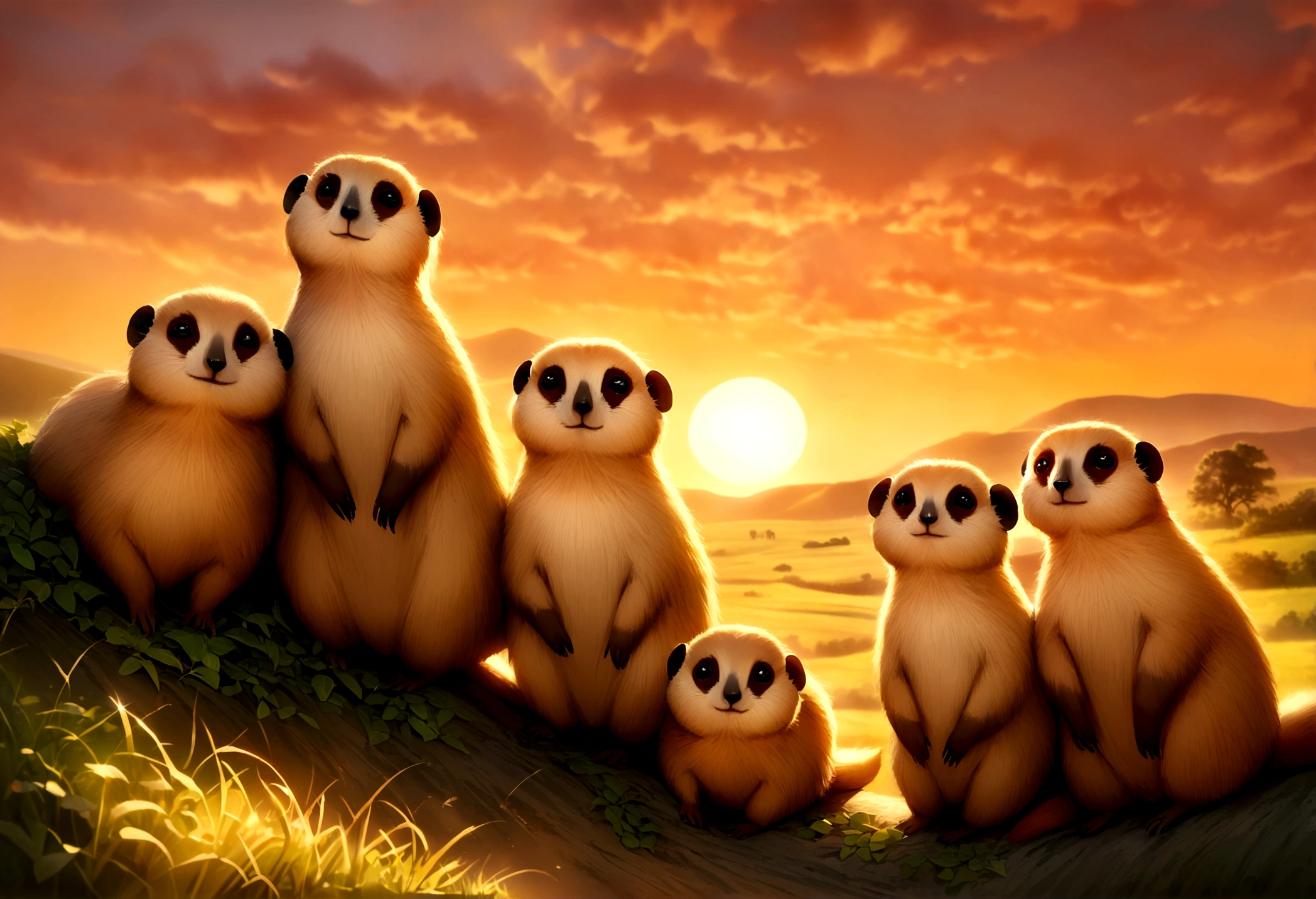 a family of meerkats emerging from their burrow at sunrise, idyllic prairie landscape, lovely sunrise, highly detailed, 8k, photorealistic, realistic lighting, warm color tones, golden hour lighting, intricate details, fluffy meerkats, curious expressions, natural environment, lush greenery, rolling hills, dramatic sky, sun peeking over horizon, depth of field, cinematic composition