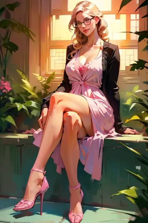 (sitting, crossed legs:1.2),(realistic illustration). cute 22 yo brunette Caucasian woman with green eyes. Sexy chubby figure, n...