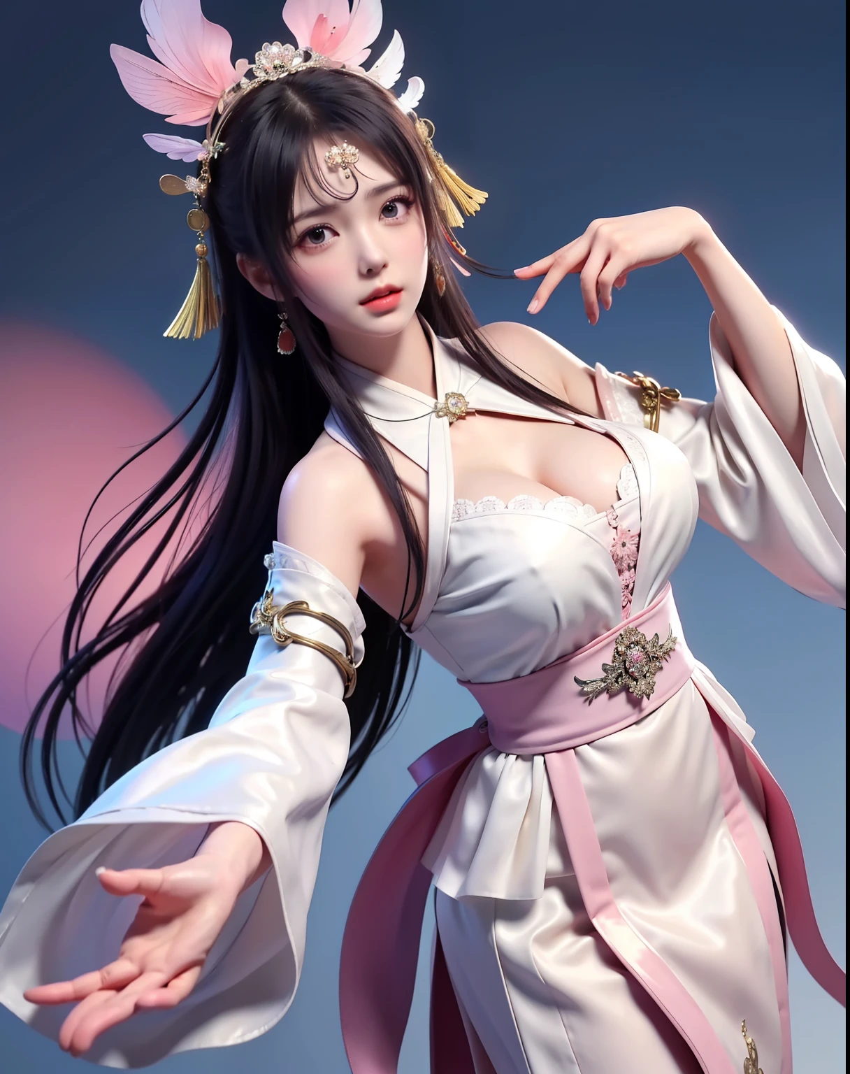 (8k, RAW photo:1.2), best quality, ultra high res,dramatic angle,(fluttered detailed color splashs), (illustration),(((1 girl))),(long hair),(rain:0.9), (Headdress:1.4),There is an ancient palace beside the girl,Hanfu,(Key Points),Color ink painting,(Splash of Color),Splash of Color,(((colorful))),(sketch:0.8) , Masterpiece, best quality, beautiful painted, highly detailed,(denoising:0.6),[splash ink],((ink refraction)), (beautiful detailed sky),moon,highly,detaild,(masterpiece, best quality, extremely detailed） CG Unity 8k Wallpaper，masterpiece，best quality，Ultra Detailed），（Lycoris）. hanfu open v   open V-chested clothes Thin silk lace dress , (huge ，cleavage),, white pink, blue ，best qualtiy，tmasterpiece，Ultra-high resolution，（Reality：1.4），RAW photogr，（True skin texture：1.3），（filmgrain：1.3），（Selfie angle），1个Giant Breast Girl，Beautiful eye and face details，tmasterpiece，Best quality at best，，The chest more exposed， detailed hair, bra pink , detail 8k, full body, lace petticoat, fan handle