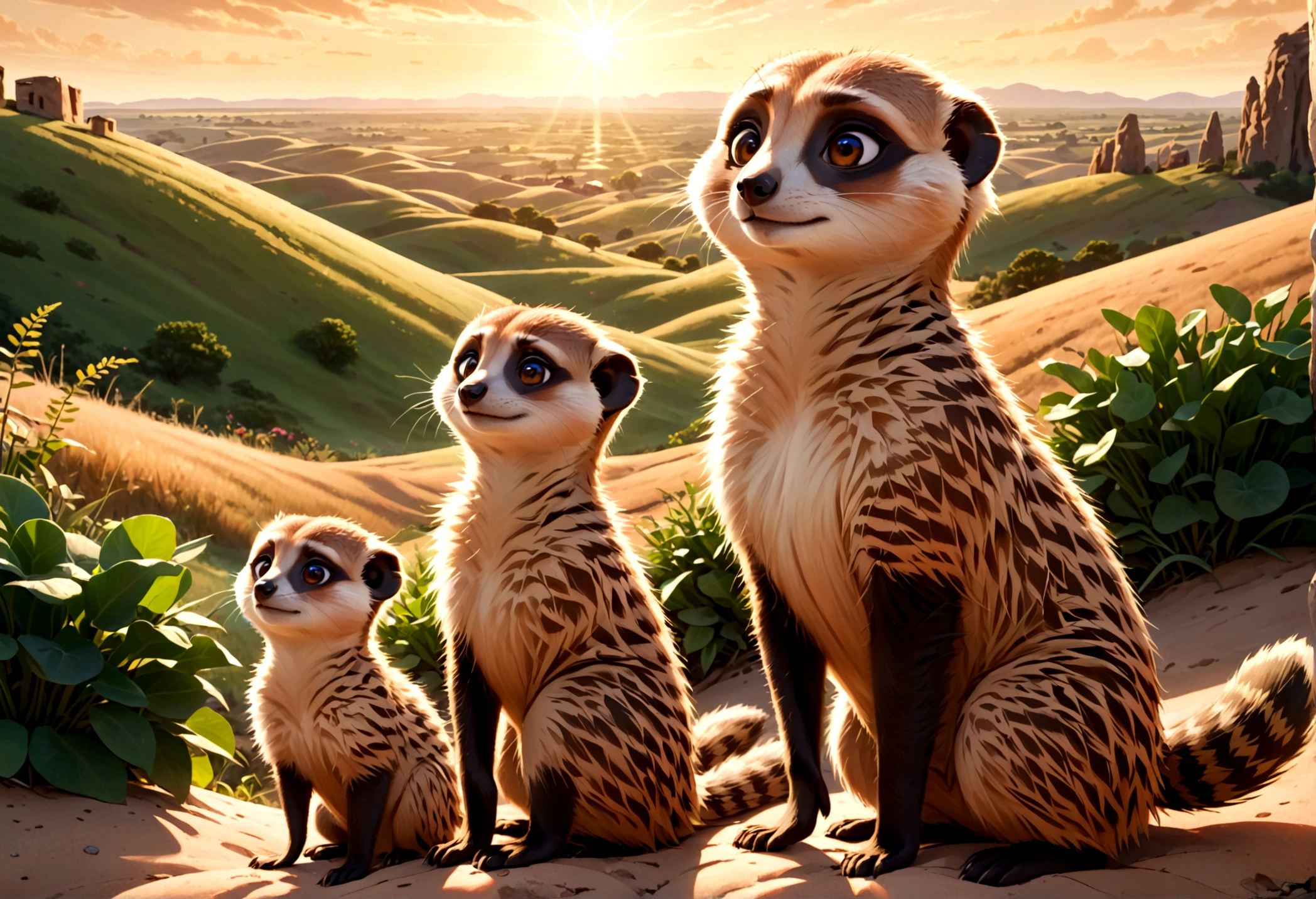 a family of meerkats emerging from their burrow at sunrise, idyllic prairie landscape, lovely sunrise, highly detailed, 8k, photorealistic, realistic lighting, warm color tones, golden hour lighting, intricate details, fluffy meerkats, curious expressions, natural environment, lush greenery, rolling hills, dramatic sky, sun peeking over horizon, depth of field, cinematic composition