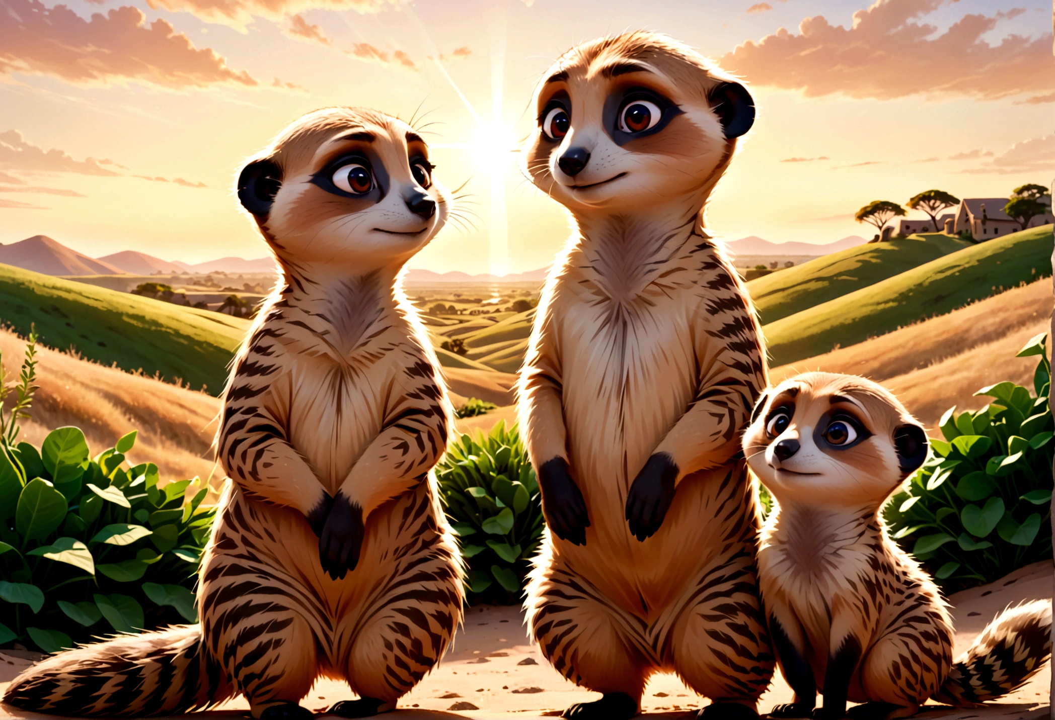 a family of meerkats emerging from their burrow at sunrise, idyllic prairie landscape, lovely sunrise, highly detailed, 8k, photorealistic, realistic lighting, warm color tones, golden hour lighting, intricate details, fluffy meerkats, curious expressions, natural environment, lush greenery, rolling hills, dramatic sky, sun peeking over horizon, depth of field, cinematic composition