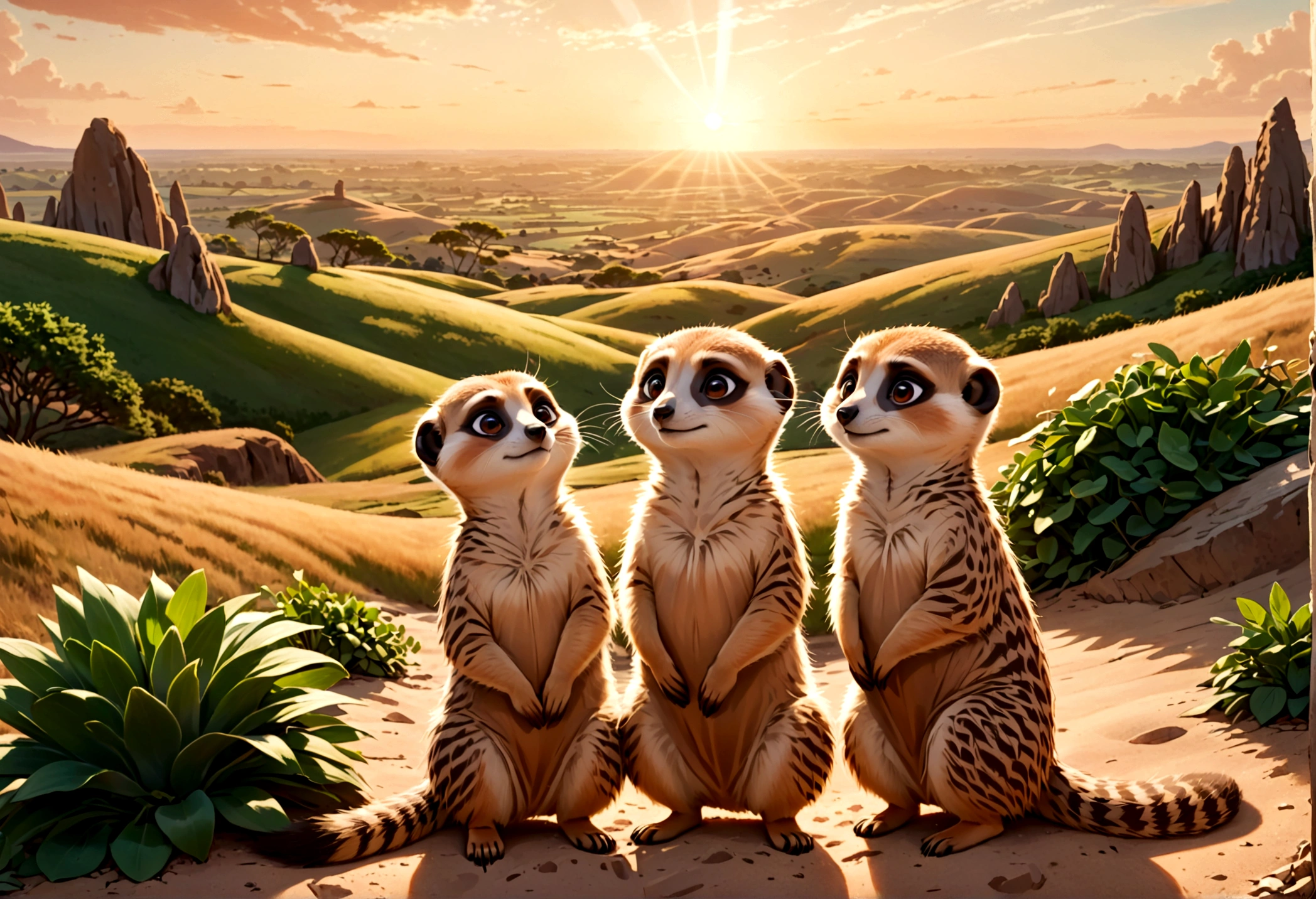 a family of meerkats emerging from their burrow at sunrise, idyllic prairie landscape, lovely sunrise, highly detailed, 8k, photorealistic, realistic lighting, warm color tones, golden hour lighting, intricate details, fluffy meerkats, curious expressions, natural environment, lush greenery, rolling hills, dramatic sky, sun peeking over horizon, depth of field, cinematic composition