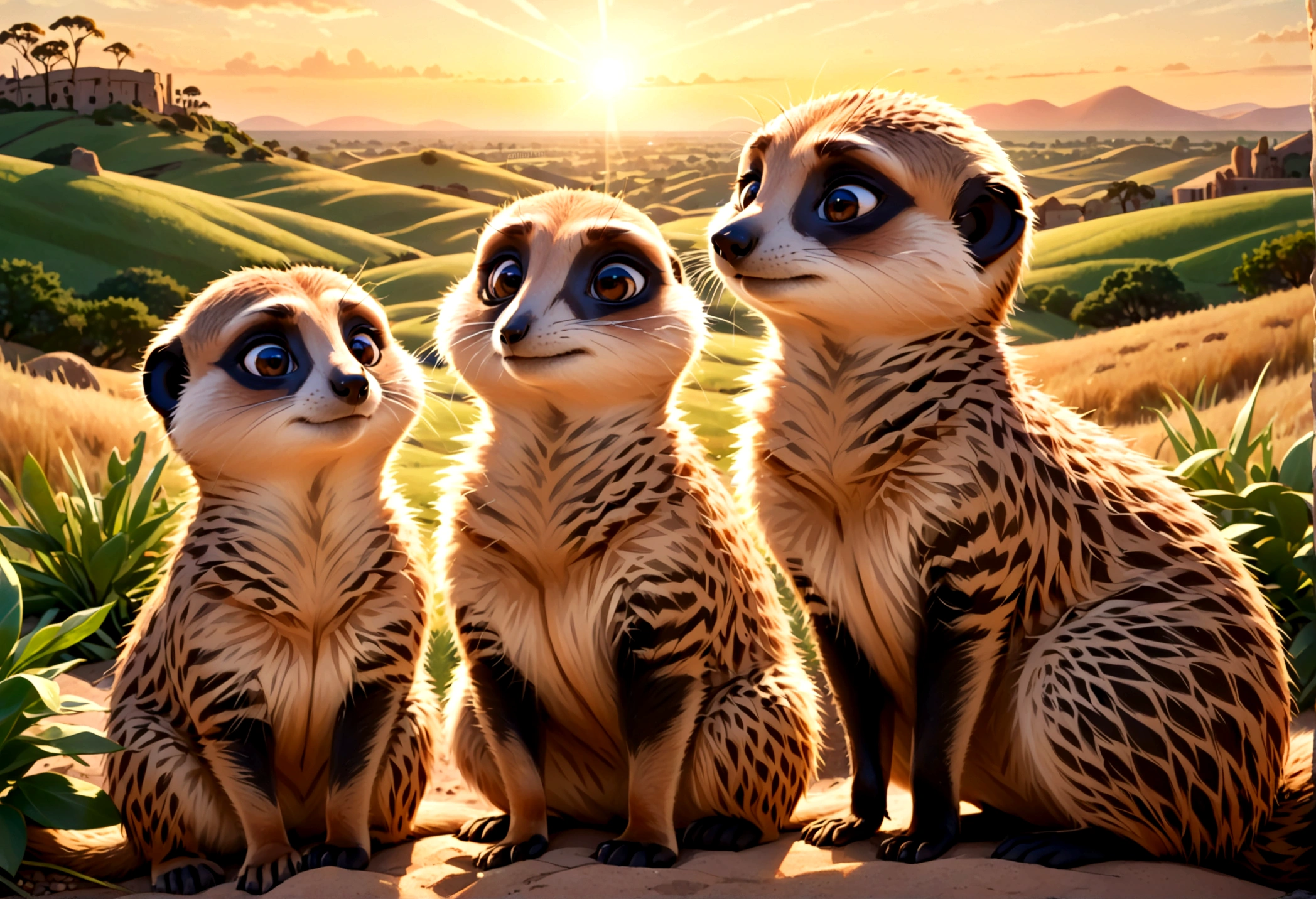 a family of meerkats emerging from their burrow at sunrise, idyllic prairie landscape, lovely sunrise, highly detailed, 8k, photorealistic, realistic lighting, warm color tones, golden hour lighting, intricate details, fluffy meerkats, curious expressions, natural environment, lush greenery, rolling hills, dramatic sky, sun peeking over horizon, depth of field, cinematic composition