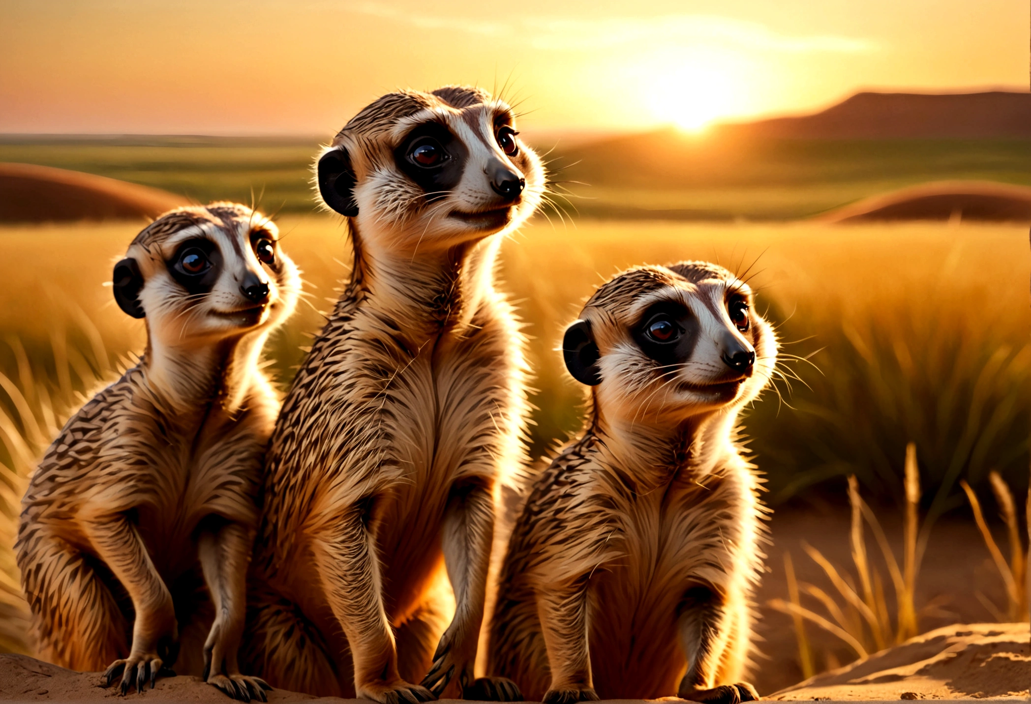 a family of meerkats emerging from their burrow at sunrise, idyllic prairie landscape, lovely sunrise, highly detailed, 8k, photorealistic, realistic lighting, warm color tones, golden hour lighting, intricate details, fluffy meerkats, curious expressions, natural environment, lush greenery, rolling hills, dramatic sky, sun peeking over horizon, depth of field, cinematic composition