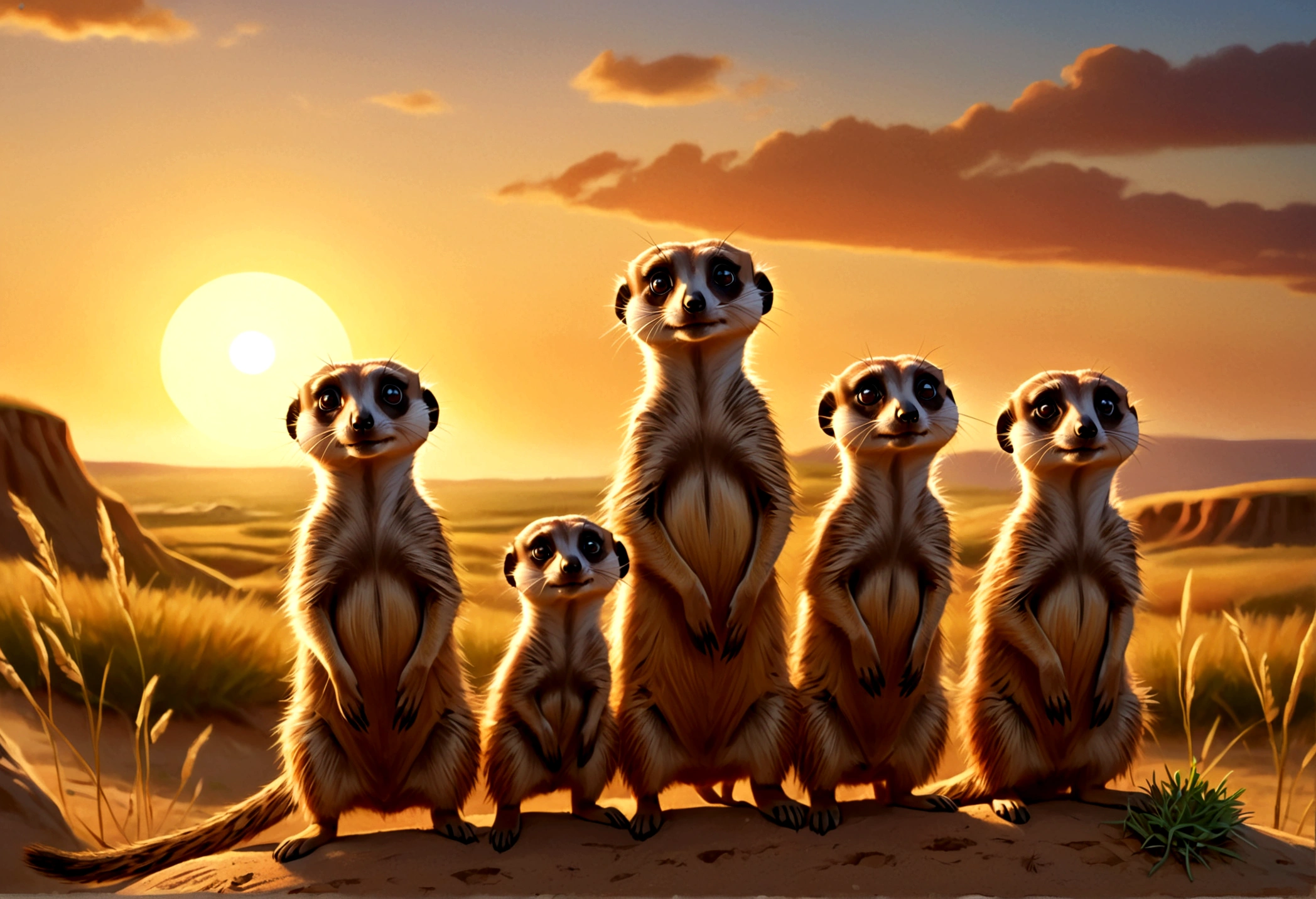 a family of meerkats emerging from their burrow at sunrise, idyllic prairie landscape, lovely sunrise, highly detailed, 8k, photorealistic, realistic lighting, warm color tones, golden hour lighting, intricate details, fluffy meerkats, curious expressions, natural environment, lush greenery, rolling hills, dramatic sky, sun peeking over horizon, depth of field, cinematic composition