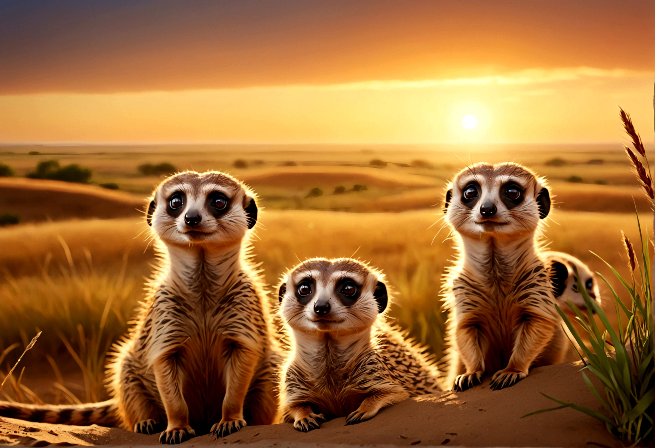 a family of meerkats emerging from their burrow at sunrise, idyllic prairie landscape, lovely sunrise, highly detailed, 8k, photorealistic, realistic lighting, warm color tones, golden hour lighting, intricate details, fluffy meerkats, curious expressions, natural environment, lush greenery, rolling hills, dramatic sky, sun peeking over horizon, depth of field, cinematic composition