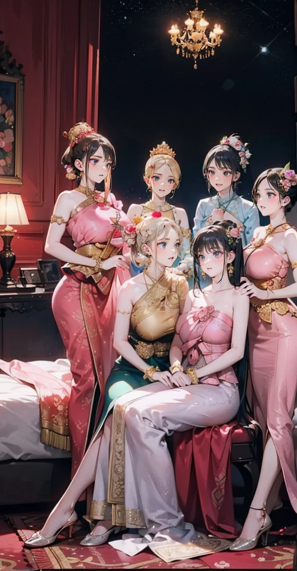 Groupe de 5 princesses,(5 jeunes femmes,Beaucoup de jeunes femmes), (dans la chambre), différents styles de cheveux, harem, Porter une robe thaïlandaise sans bretelles.., la nuit, visage détaillé, gros seins,rideau de poitrine, jupe courte, mule, Sans manches , montre tes aisselles, la nuit, starry la nuit,(grandes aréoles:1.4,rose,Les mamelons sont bien visibles....),((diverses poses)