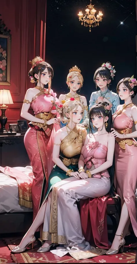 Group of 5 princesses,(5 young women,many young women), (in the bedroom), Various hair styles, harem, Wearing a strapless Thai d...