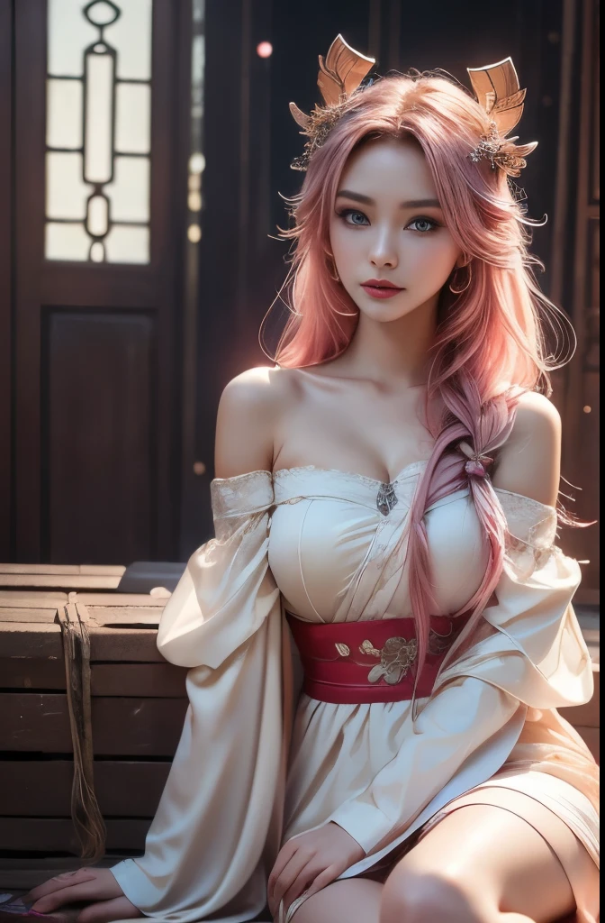 shenzi,1girl,long hair,pink hair,purple eyes,very long hair, Korean 27 years old woman, hair_ornament,pink kimono, (masterpiece, best quality:1.2), 1girl, solo, ((off shoulder clothes)), In the depths of Wonderland，The moonlight falls like water，foggy room，The figure of the heroine is vaguely visible，Just like the fairy in the painting，Slender sexy legs，Very nice legs，Leaking sexy legs，Big breasts，Beautiful with a hint of mystery。Her face is beautiful and delicate，Like finely carved jade，Showing otherworldly beauty。The eyebrows are picturesque，The waves in my eyes are like twinkling stars，Show the light of perseverance and wisdom。The bridge of the nose is straight，Lip color like cherry，The slightly raised corners of the mouth reveal confidence and calmness。Her face is well defined，The skin is as fair as jade，Reveals a healthy glow，Just like a fairy, she never eats fireworks in the world。Her makeup is light and delicate，Not too much embellishment，But enough to show her temperament and charm。Light-colored foundation brings out the transparency of the skin，A light eyebrow pencil outlines her perfect eyebrow shape，Eye makeup is eye shadow and eyeliner，Make her eyes brighter and more energetic。Lips painted with grace lipstick，Adds a bit of charm and sophistication。Her clothes are graceful and chic，Clothes flutter，It seems like it will be blown up by the wind at any time，drifting into the distance。Without losing grace，Also showed her extraordinary skills。Rocking with her movements。Her hair is tied back casually，Secure it with a hosta，A few strands of hair are fluttering gently in the wind，Adds a bit of softness。Her figure is looming in the fairyland，Like a big breastsbeautiful landscape，attracted everyone&#39;s attention。She seems to be a fairy in wonderland，big breastsbeautiful、grace、mystery、and full of power, perfect arms, perfect hands, perfect fingers, perfect legs
