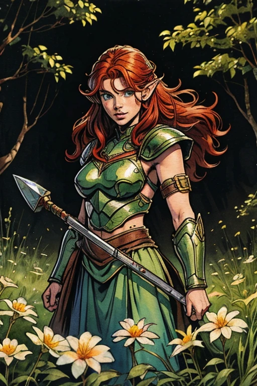 (water colour: 1.2), elf princess, flowers, freckles, bangss, redheadwear, long hair, greeneyes, hair between eyes wearing armor,quite imposing on the battlefield with a pointed spear in his hands, gazing at viewer, flowers brincos , nblurry background, high resolution