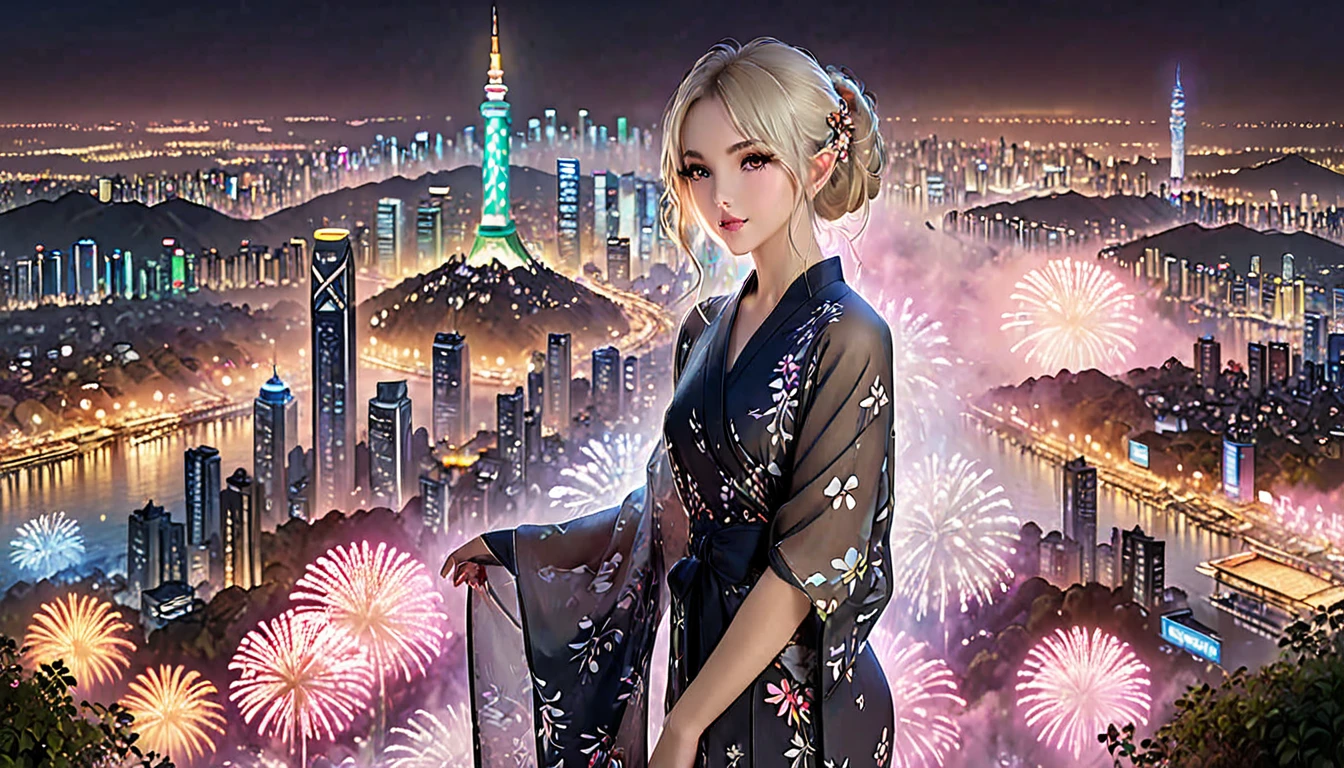 Fireworks、An elf woman wearing a yukata in the center of the screen、Beautiful Face、Beautiful eyes、Long eyelashes、whole body、Blonde、masterpiece, 最high quality, high quality, Highly detailed CG Unity 8k wallpaper, Fantasy cityscape, Neon cityscape,Feminine and mature atmosphere、Elegant、