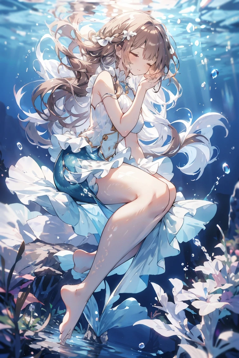 Mermaid, an artwork of a woman in white skirt and flowing white hair under water, 1 girl, skirt, In the water, Solitary, Long hair, Close your eyes, Brown hair, air bubble, barefoot, bubble