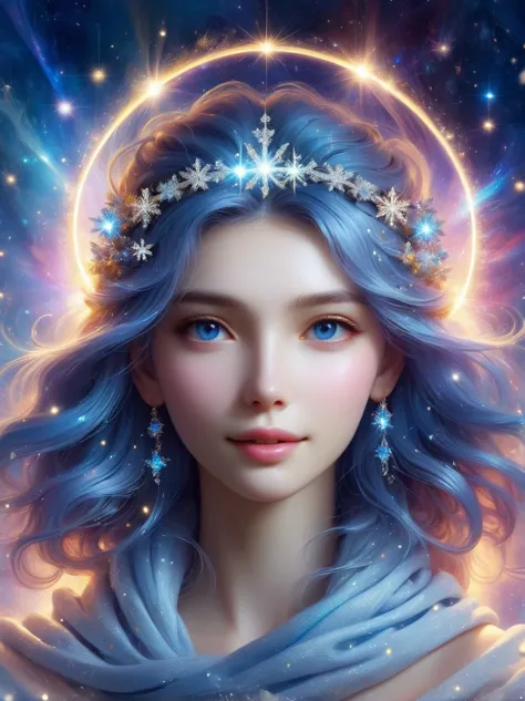 The entire galaxy inside the Winter Goddess is surrounded by a soft halo，Sparkles like crystal，Pure and beautiful