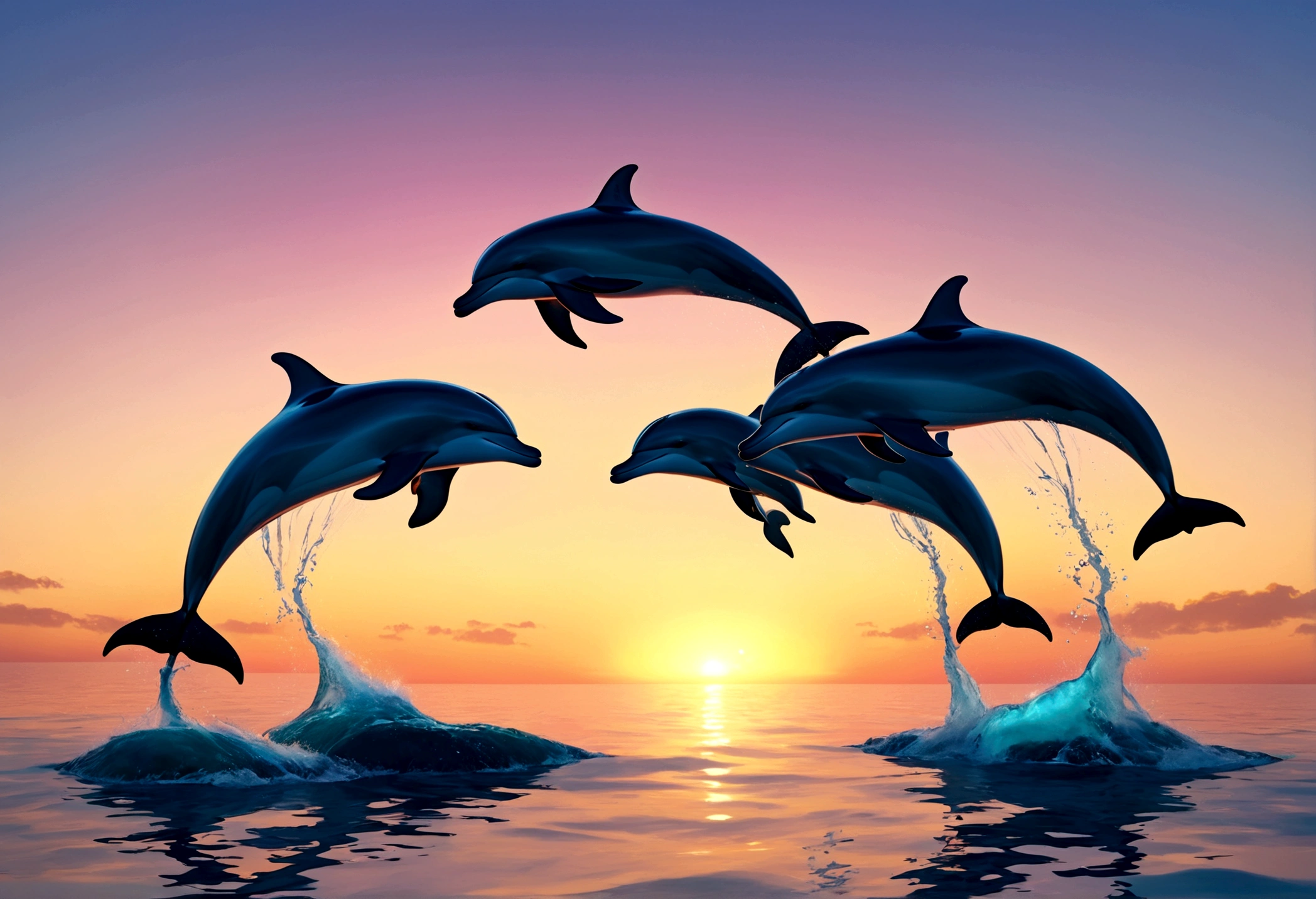 A pod of dolphins are playing near the surface of the ocean at sunrise, pixar style
