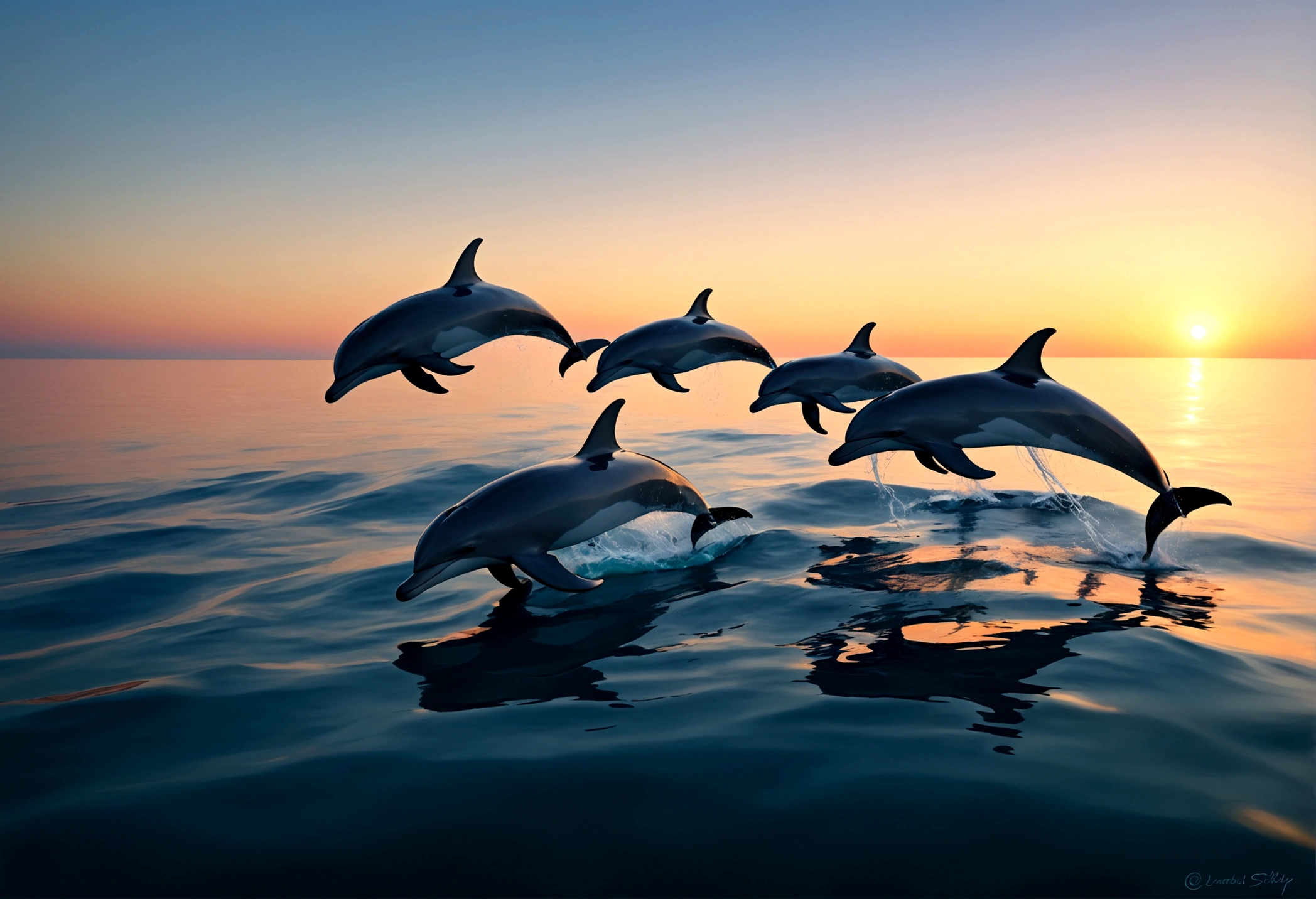 A pod of dolphins are playing near the surface of the ocean at sunrise, pixar style
