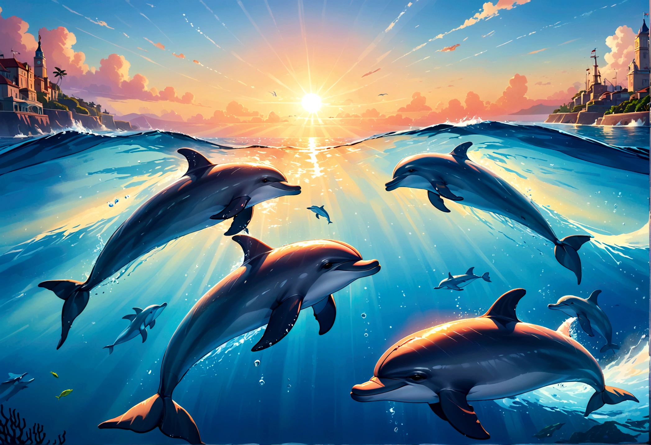 A pod of dolphins are playing near the surface of the ocean at sunrise, pixar style
