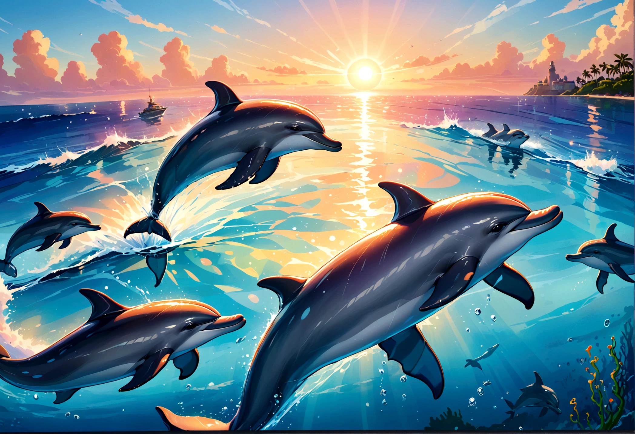 A pod of dolphins are playing near the surface of the ocean at sunrise, pixar style
