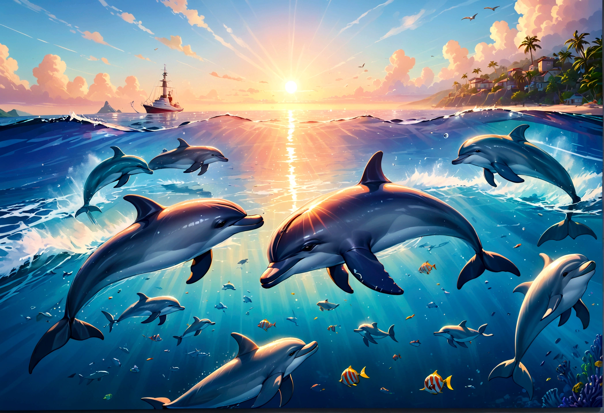 A pod of dolphins are playing near the surface of the ocean at sunrise, pixar style
