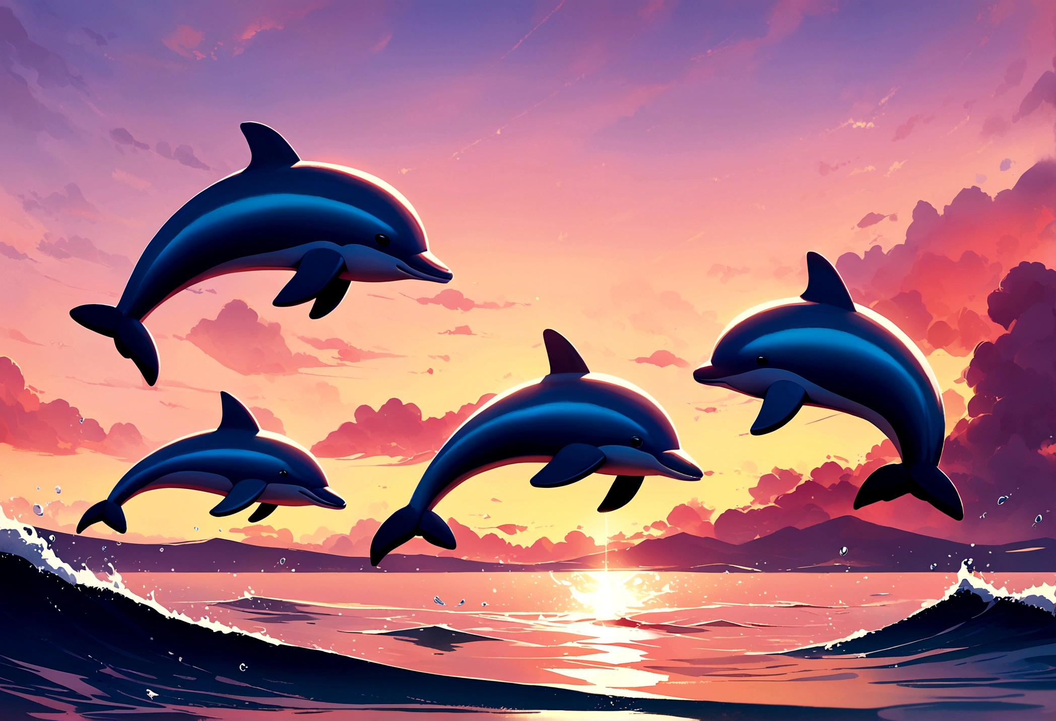 A pod of dolphins are playing near the surface of the ocean at sunrise, pixar style
