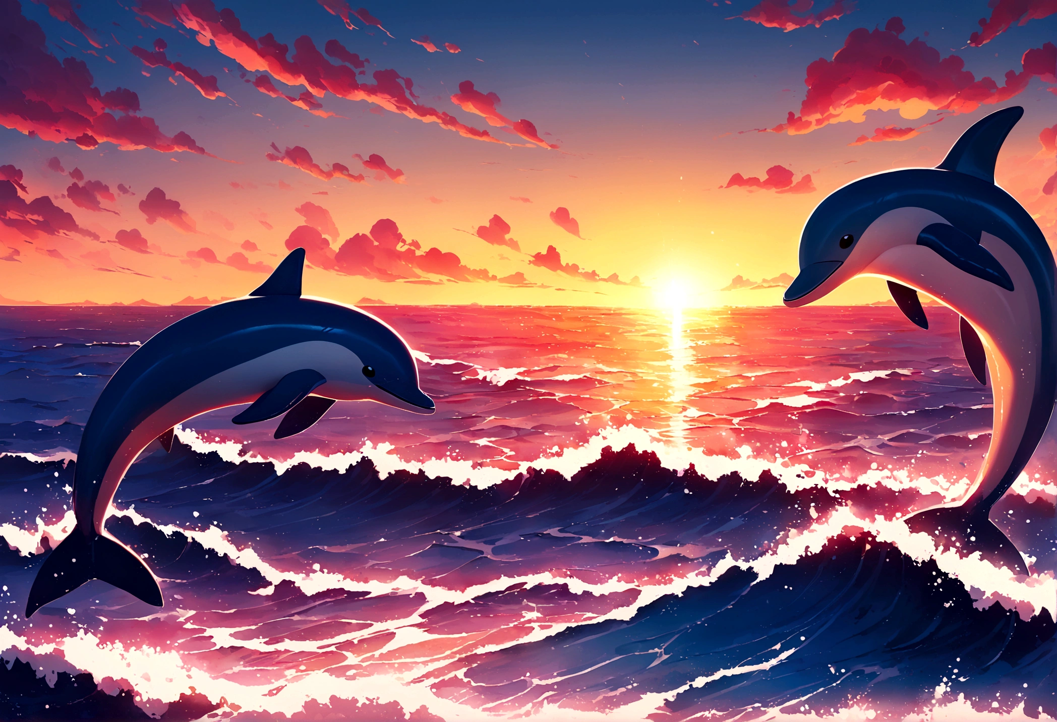 A pod of dolphins are playing near the surface of the ocean at sunrise, pixar style
