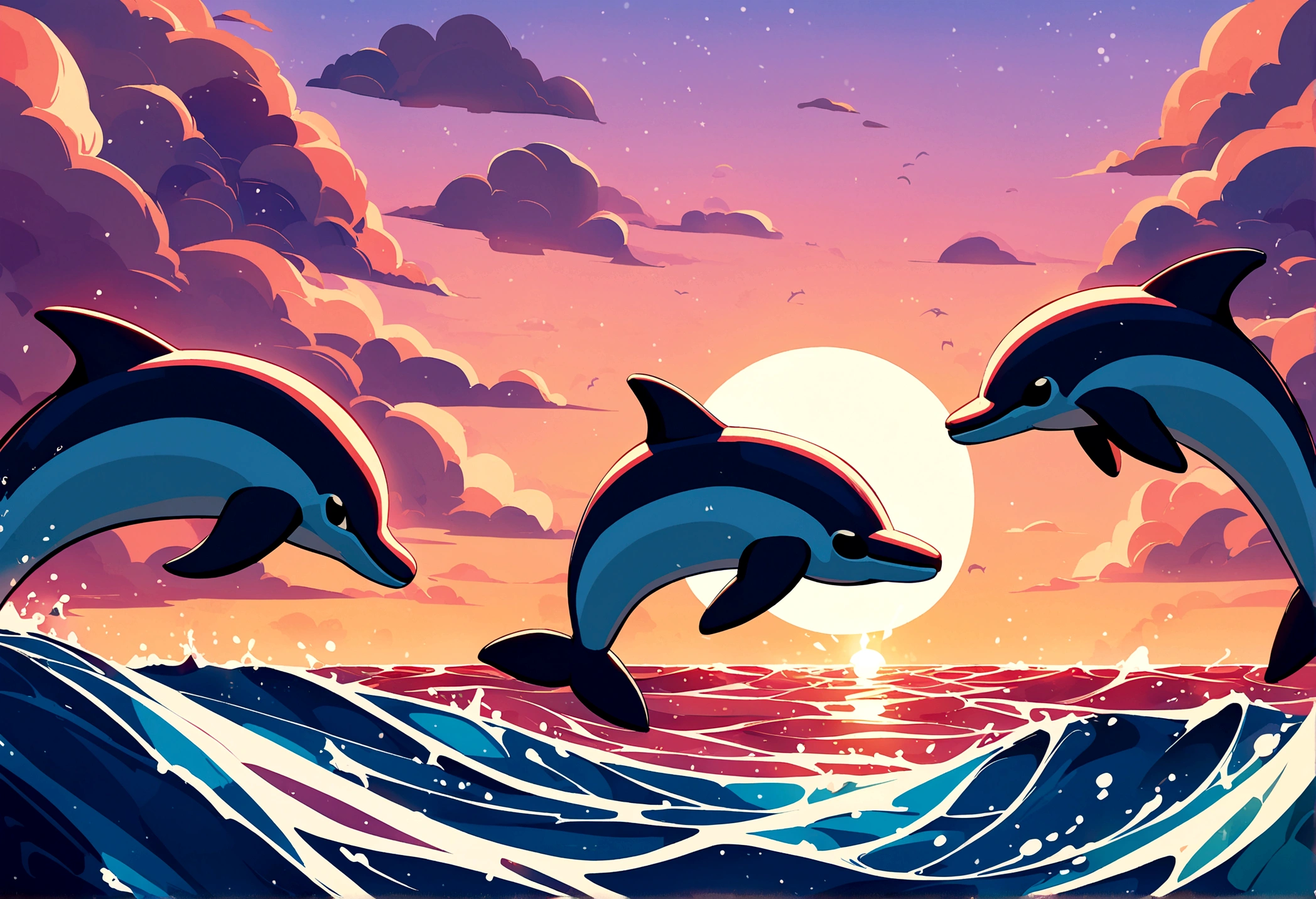 A pod of dolphins are playing near the surface of the ocean at sunrise, pixar style
