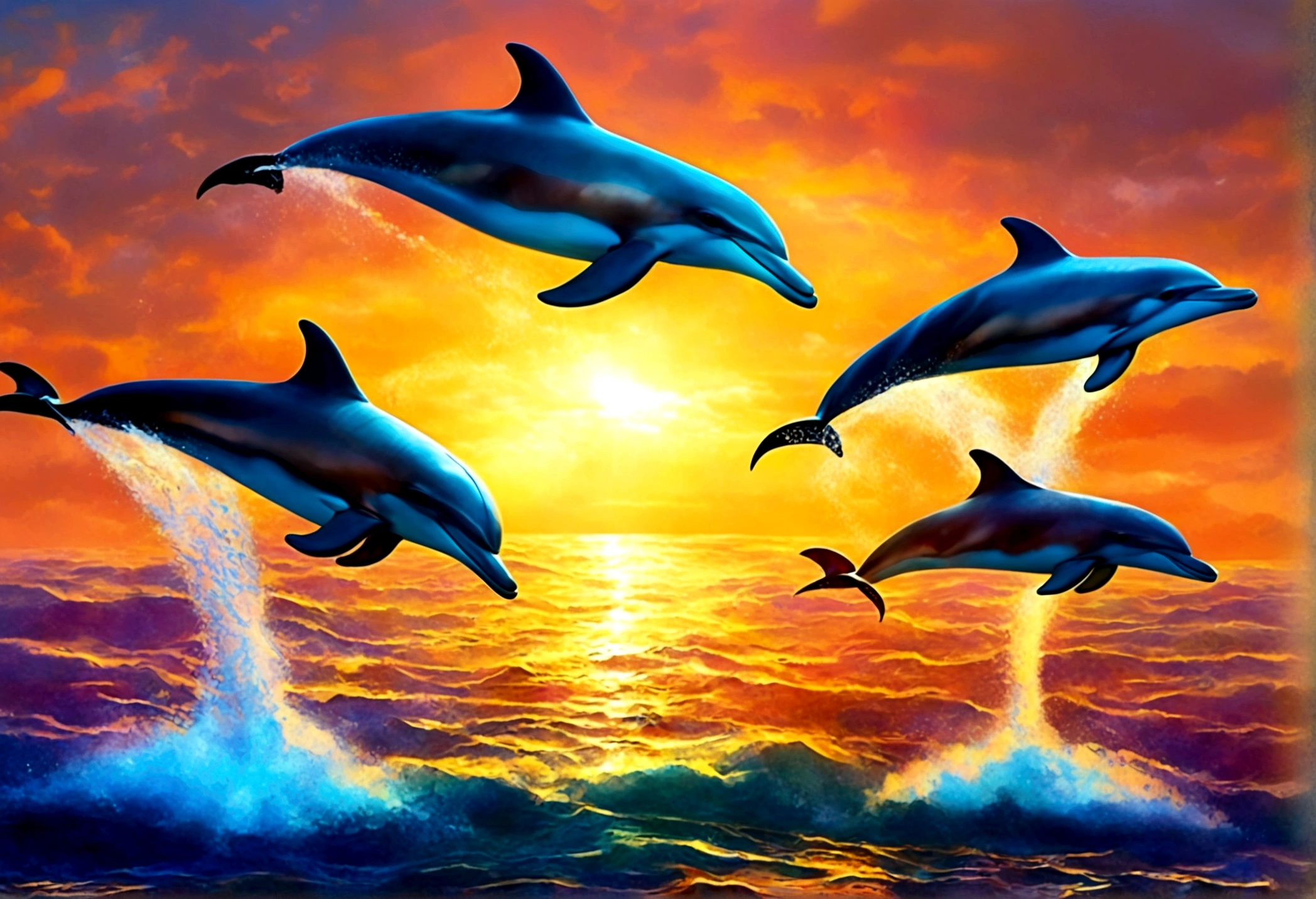 A pod of dolphins are playing near the surface of the ocean at sunrise, pixar style
