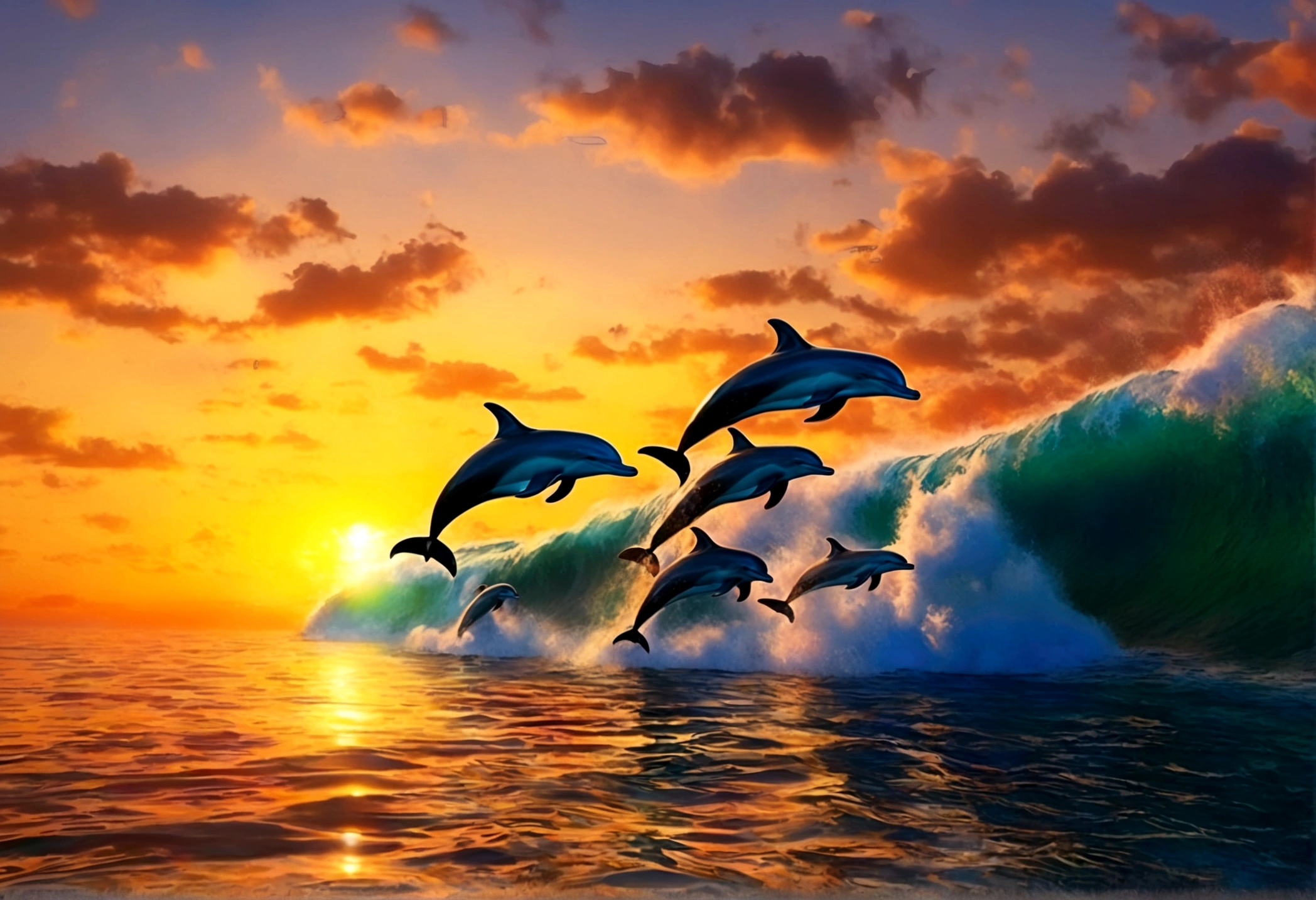 A pod of dolphins are playing near the surface of the ocean at sunrise, pixar style
