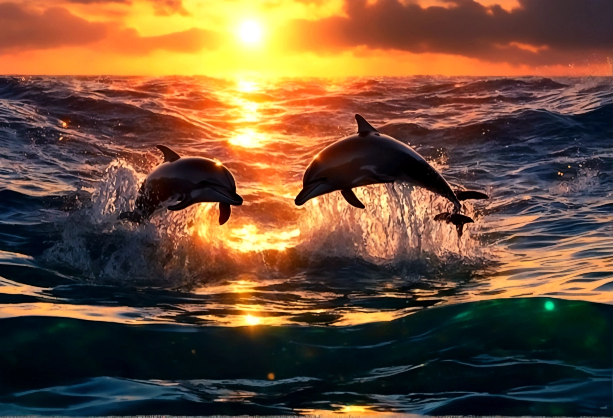 A pod of dolphins are playing near the surface of the ocean at sunrise, pixar style
