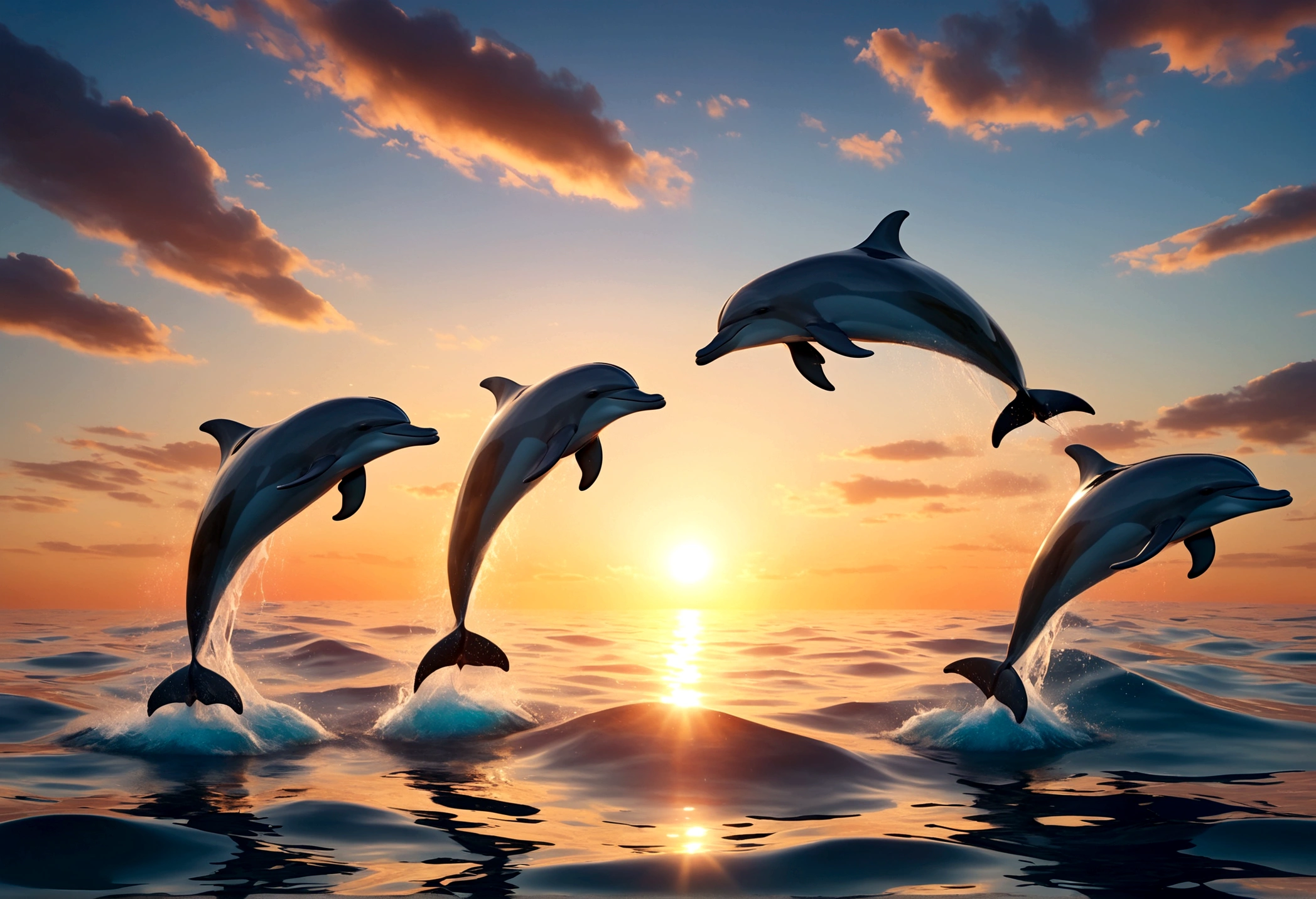 A pod of dolphins are playing near the surface of the ocean at sunrise, pixar style
