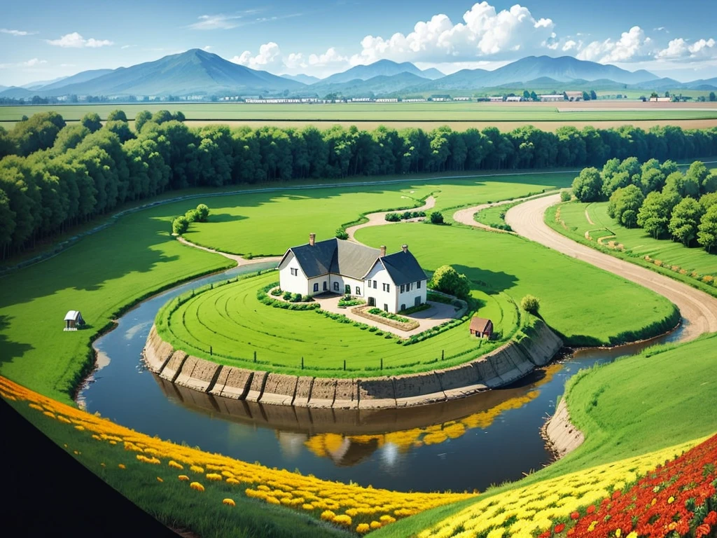 "Ilustración de una escena de granja con un molino de viento a la izquierda., granero a la derecha, colinas en el medio, nube, el sol sonrió, y arcoiris en el cielo. delante de, hay ovejas en el corral, vaca, pollo con tres pollitos, y la gallina cerca del huevo. verduras (Zanahoria, Bien), Carretilla, bolsa de semillas/fertilizante, girasol, el manzano, y canales de riego también son visibles. Este ambiente rural es educativo y divertido.."