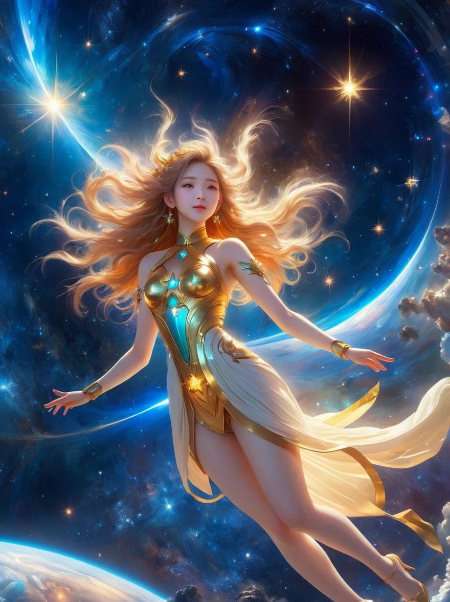 （masterpiece，Highest quality，high resolution，8K），Alone in Space，goddess，Standing，whole body，What a nice view，(像星星一样Floating在天空，Floating)，金光包裹whole body有，The whole body is in the light